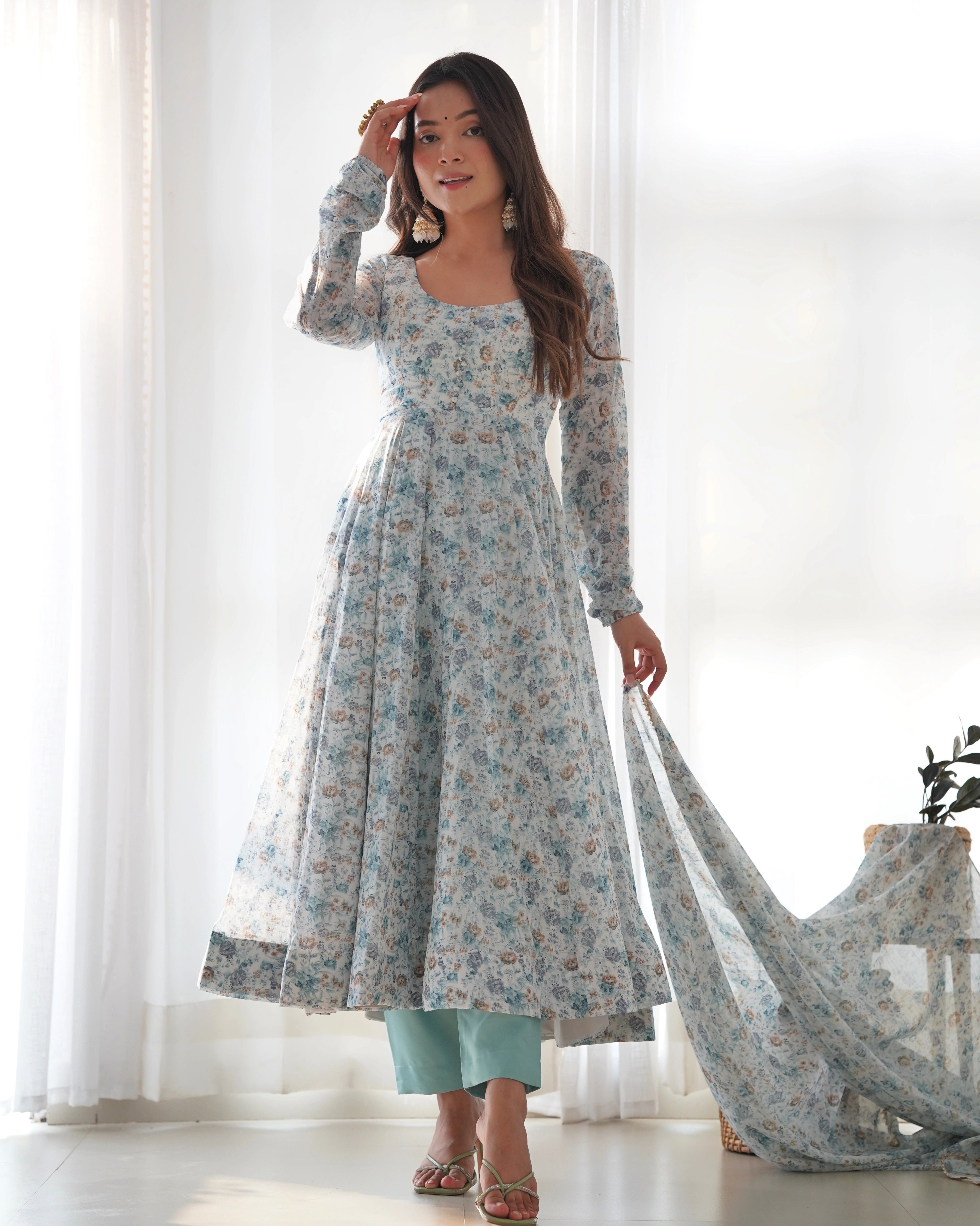 Graceful Floral Sky Blue Anarkali Set with Chiffon Dupatta for Summer Weddings