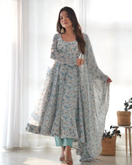 Graceful Floral Sky Blue Anarkali Set with Chiffon Dupatta for Summer Weddings