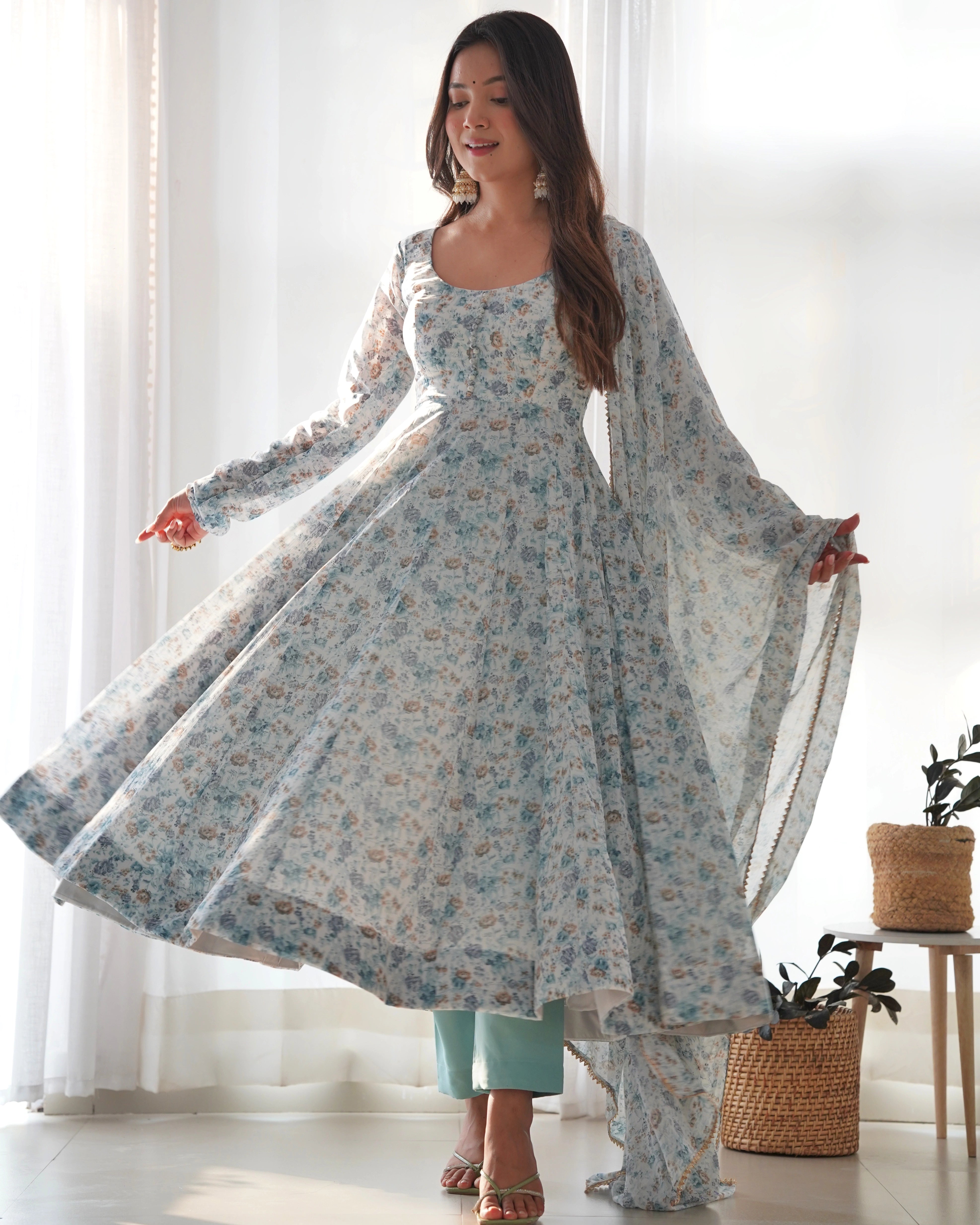 Graceful Floral Sky Blue Anarkali Set with Chiffon Dupatta for Summer Weddings