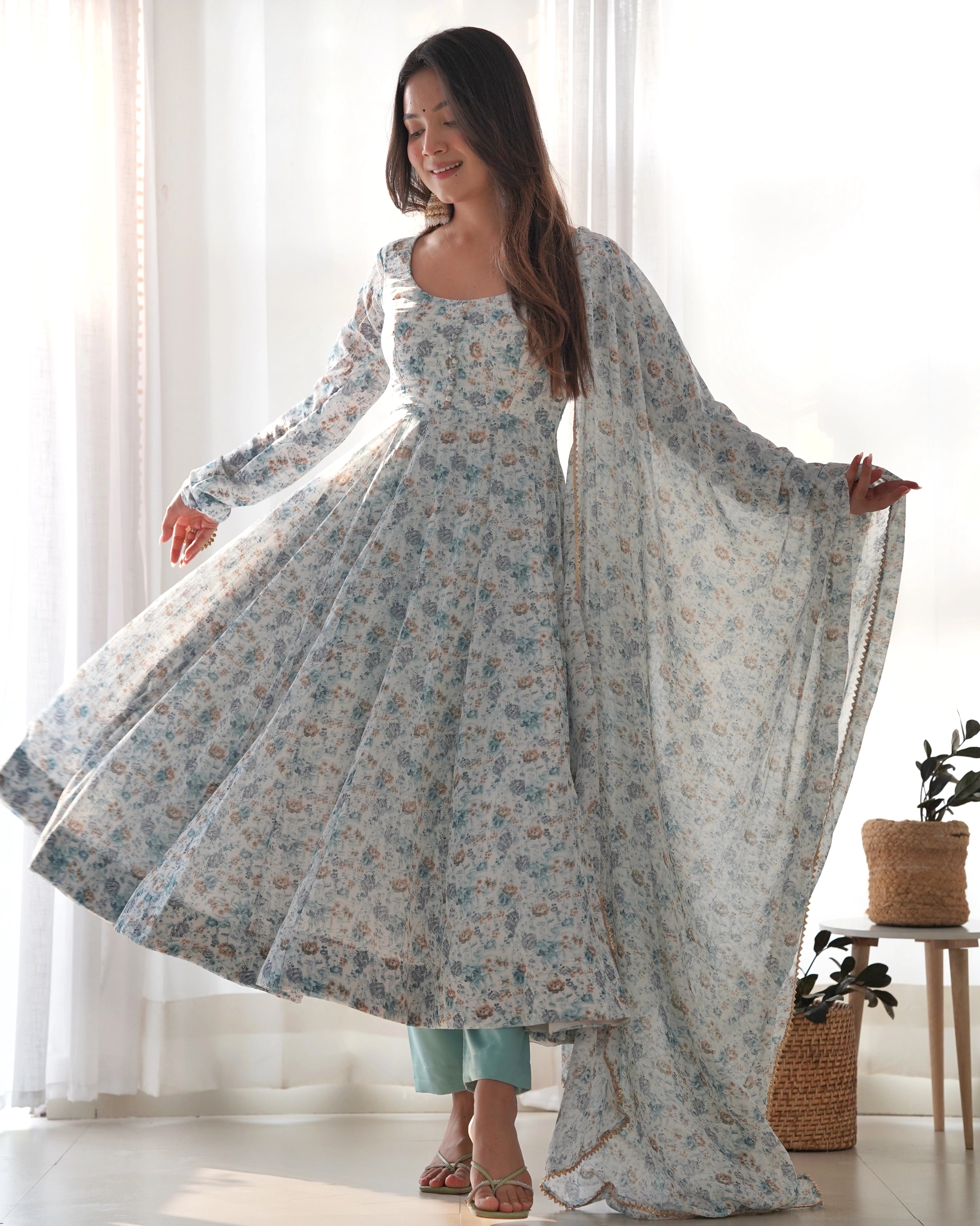 Graceful Floral Sky Blue Anarkali Set with Chiffon Dupatta for Summer Weddings