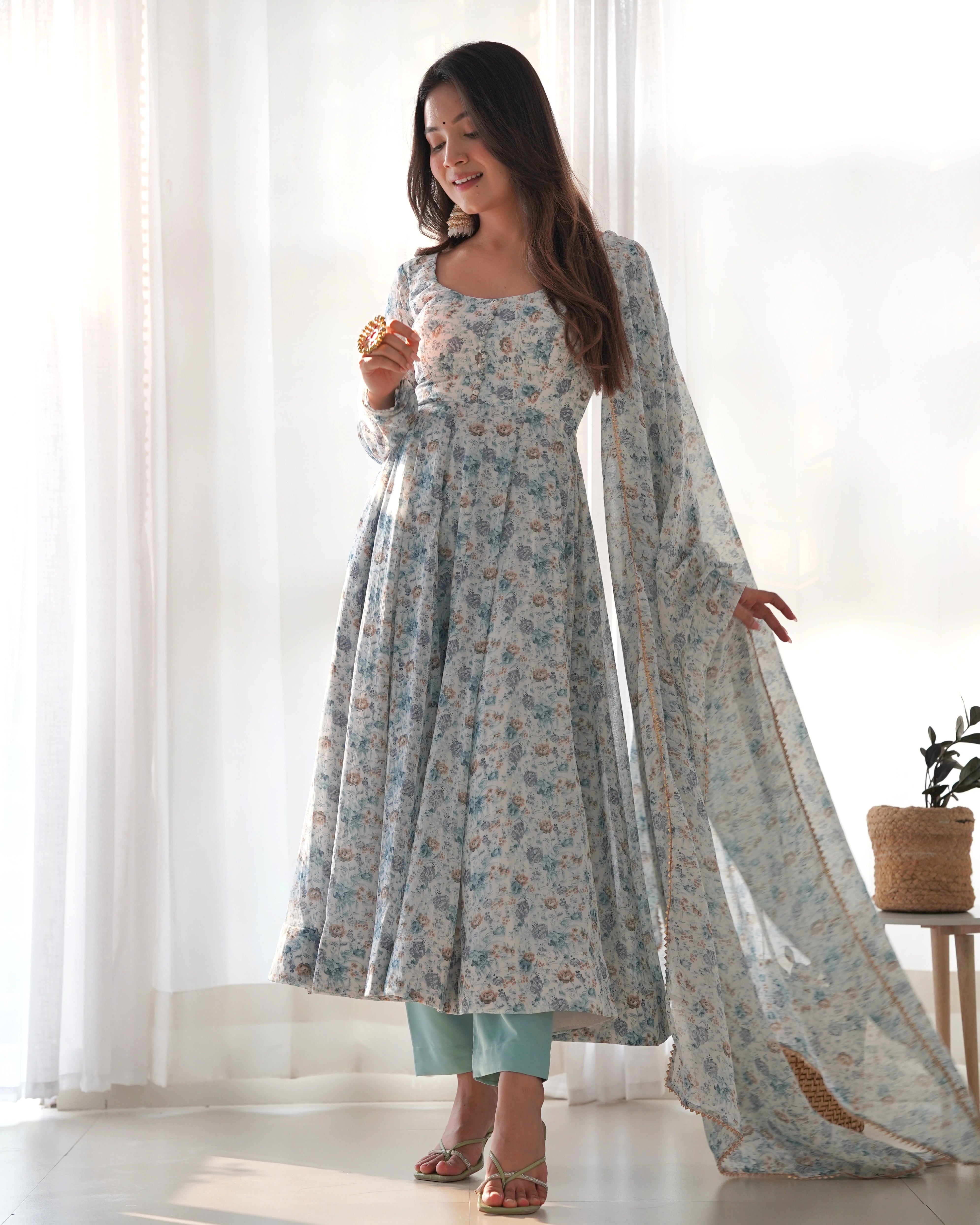 Graceful Floral Sky Blue Anarkali Set with Chiffon Dupatta for Summer Weddings