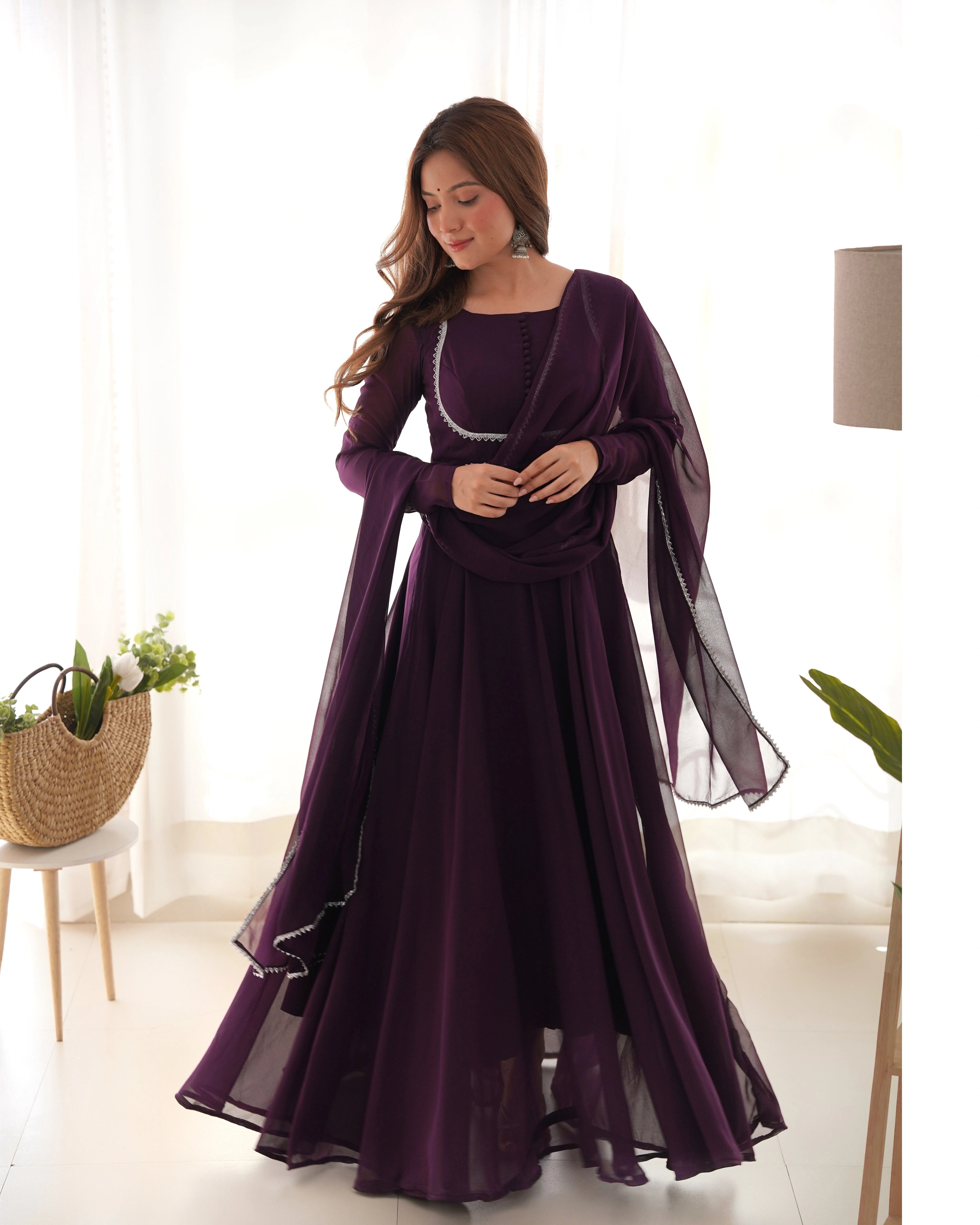 Elegant Wine Georgette Anarkali Gown with Dupatta and Pant Set – Perfect for Festive Glam