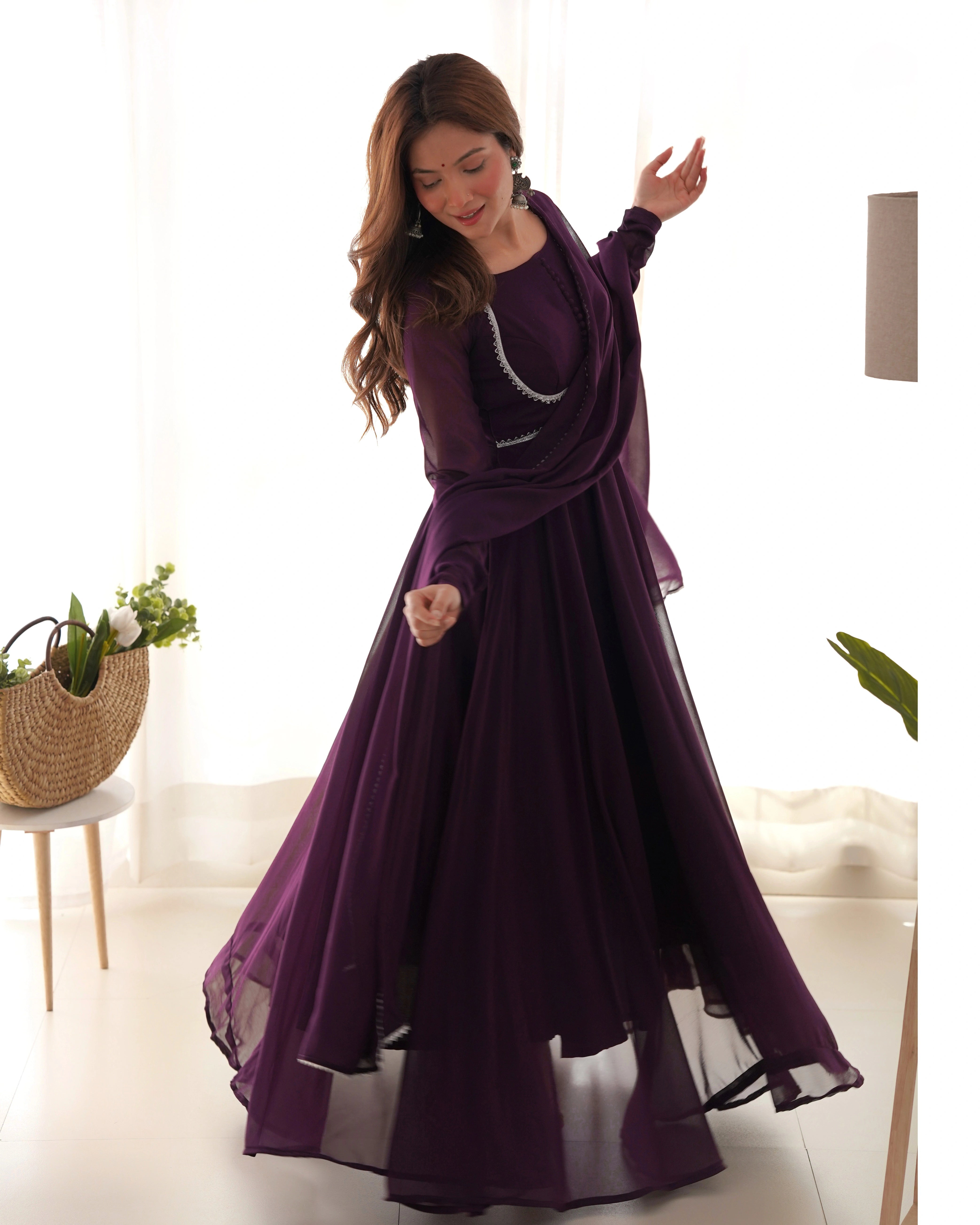 Elegant Wine Georgette Anarkali Gown with Dupatta and Pant Set – Perfect for Festive Glam