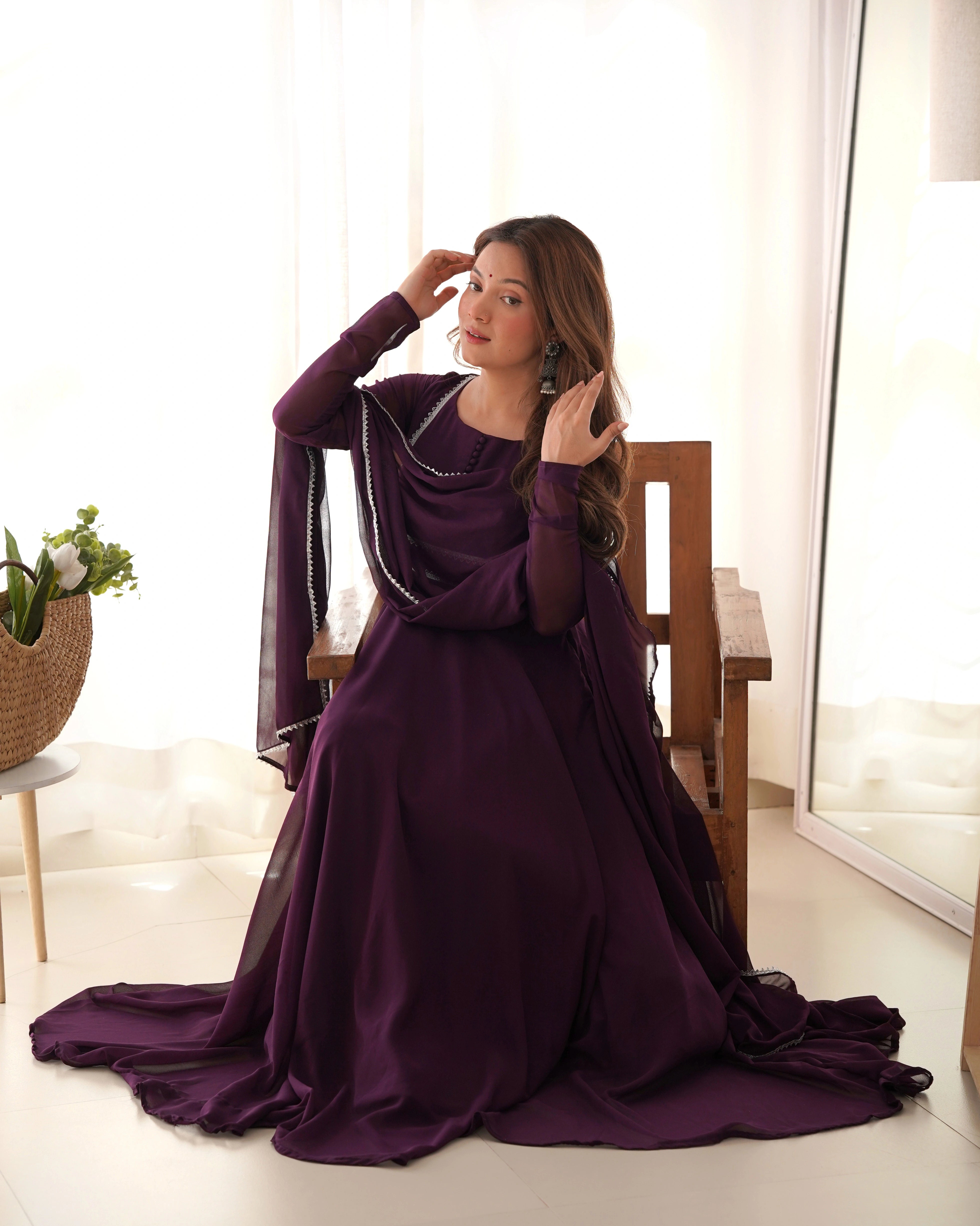 Elegant Wine Georgette Anarkali Gown with Dupatta and Pant Set – Perfect for Festive Glam