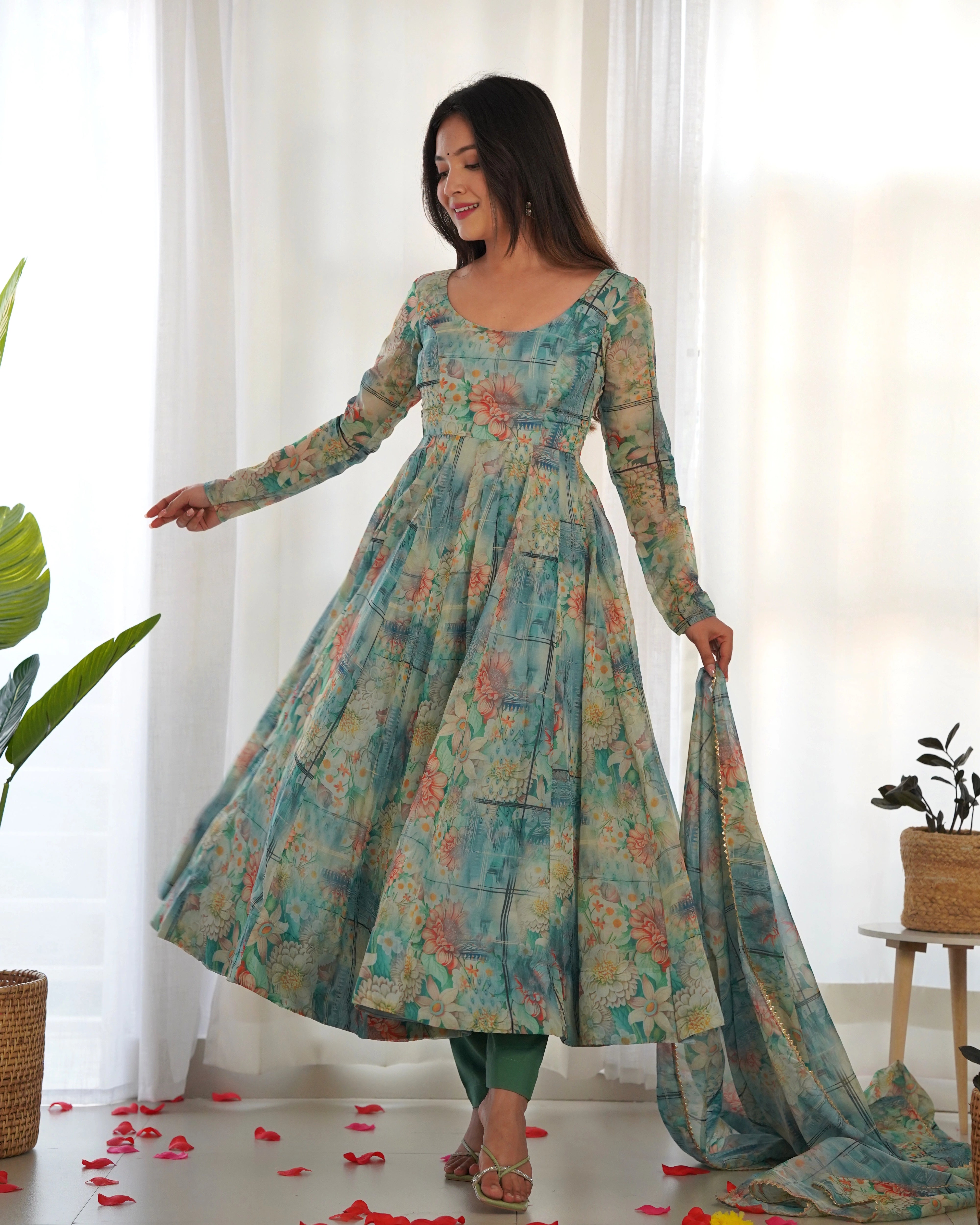 Elegant Aqua Blue Floral Print Anarkali Set with Organza Silk Dupatta