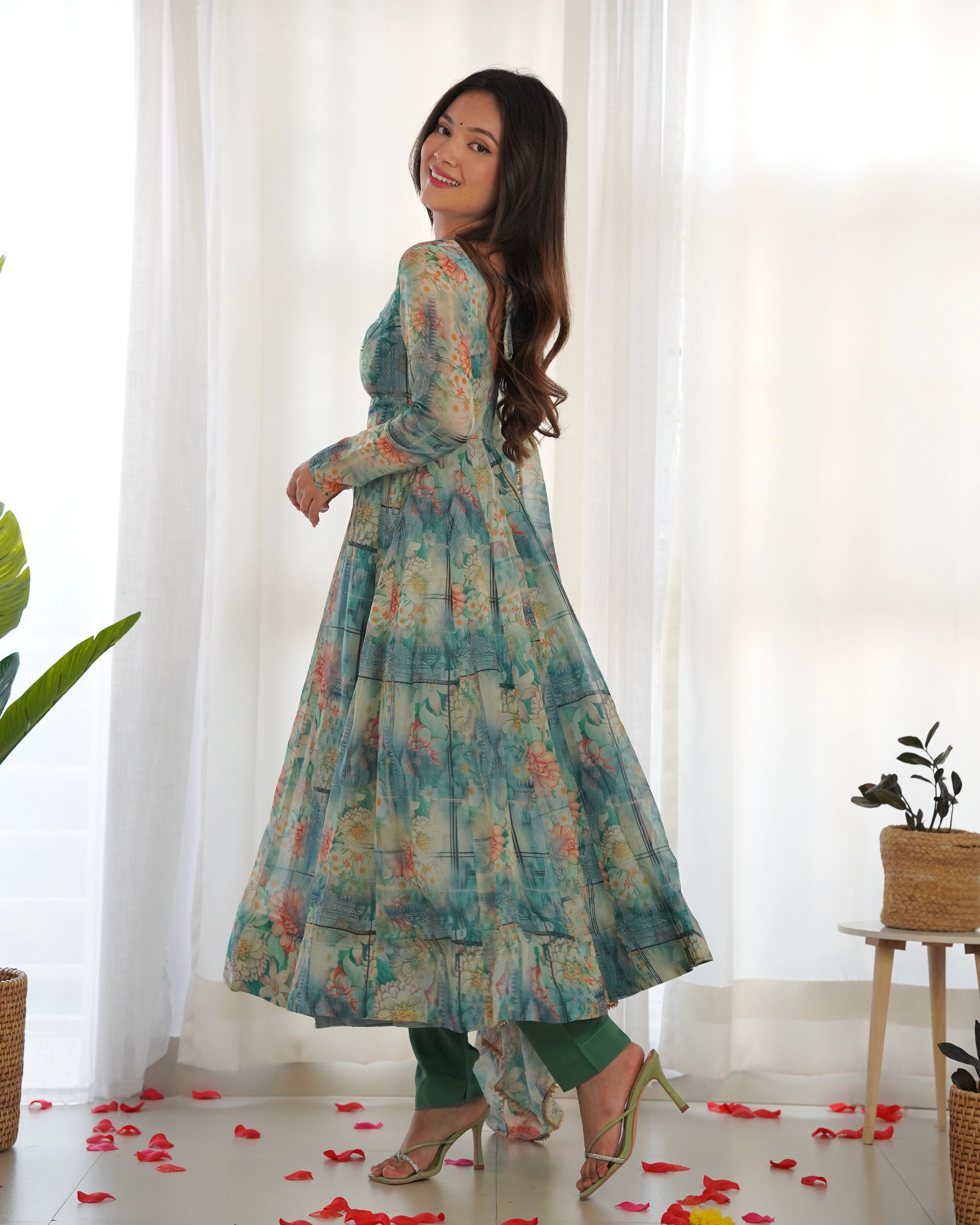 Elegant Aqua Blue Floral Print Anarkali Set with Organza Silk Dupatta