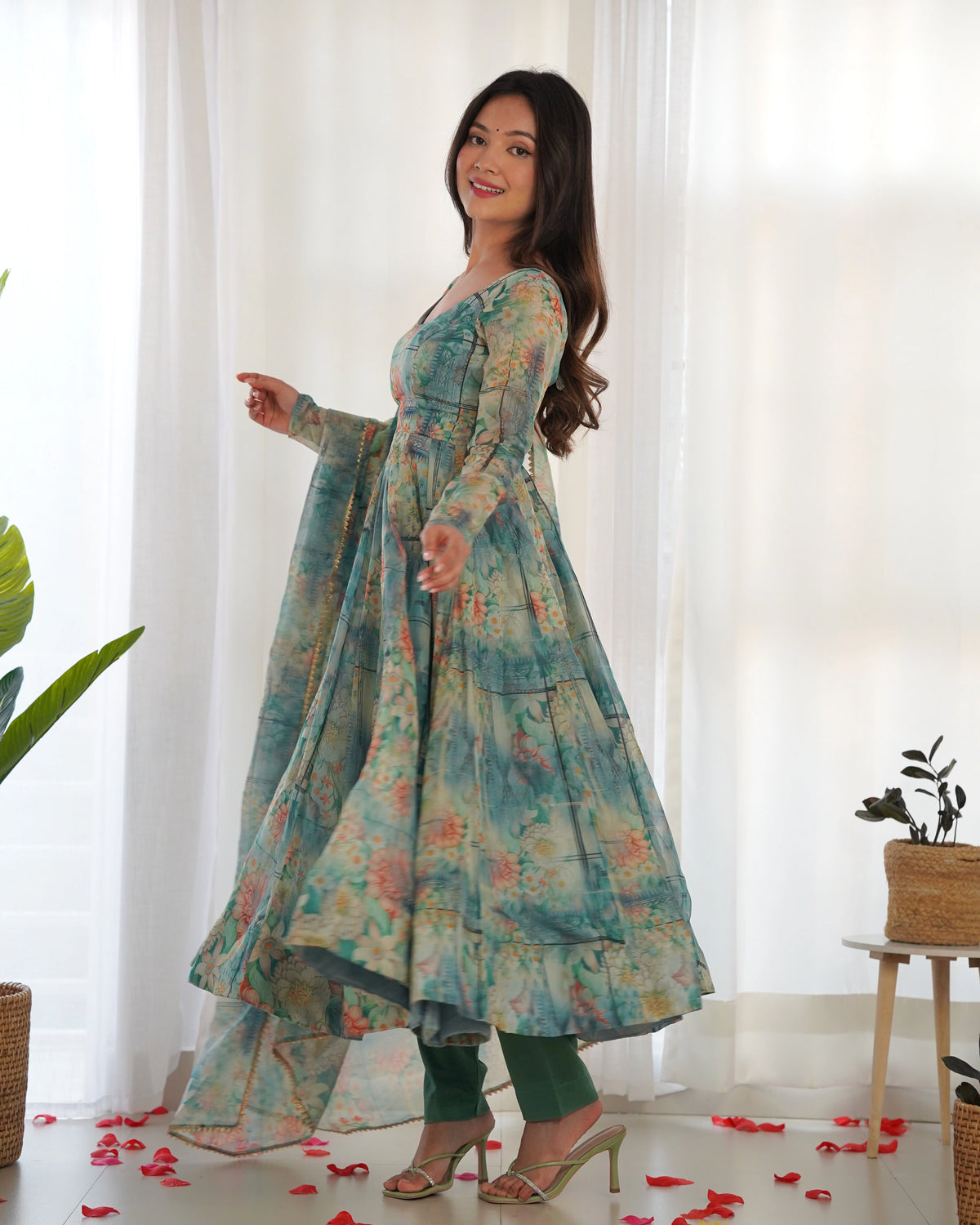 Elegant Aqua Blue Floral Print Anarkali Set with Organza Silk Dupatta