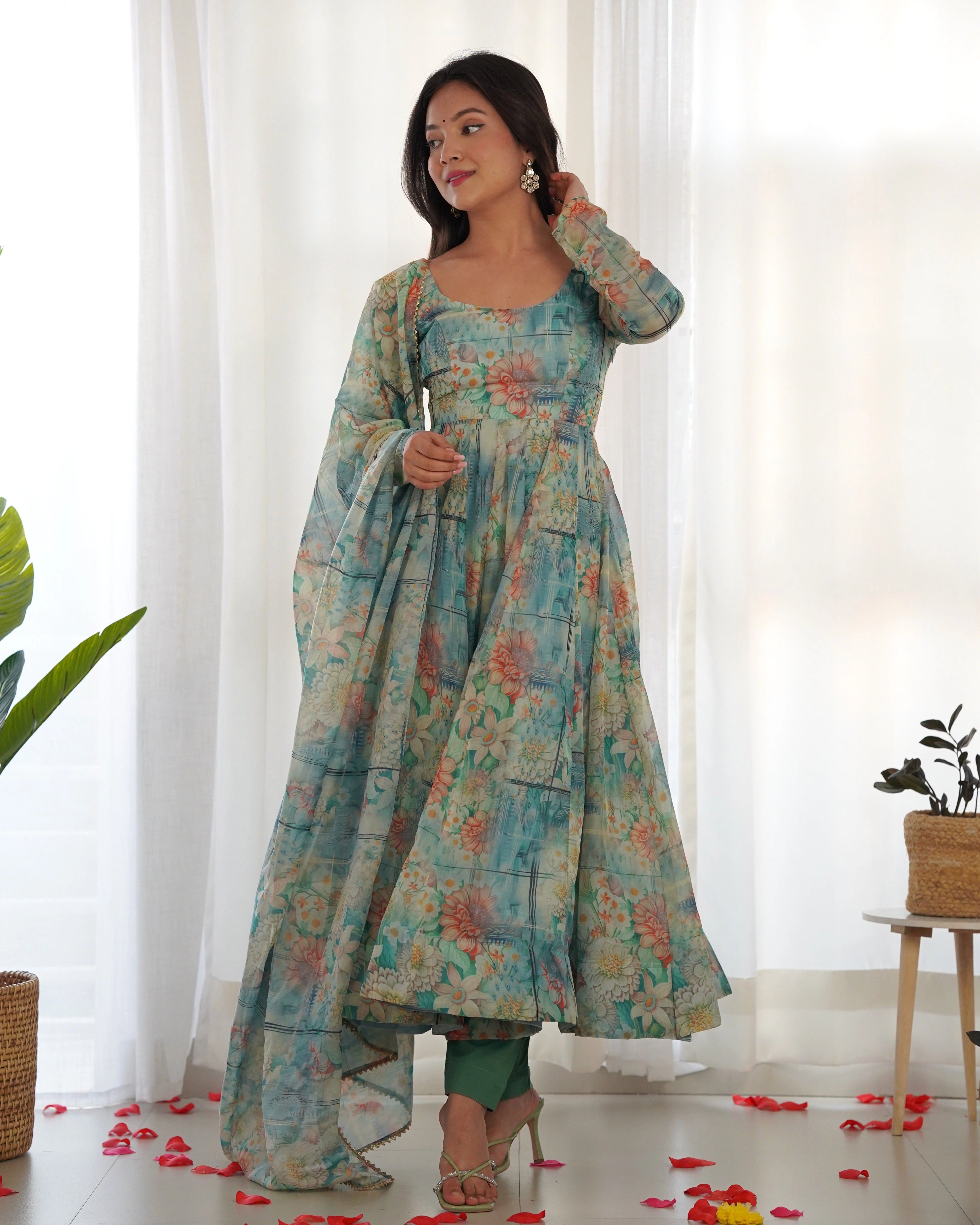 Elegant Aqua Blue Floral Print Anarkali Set with Organza Silk Dupatta