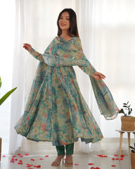 Elegant Aqua Blue Floral Print Anarkali Set with Organza Silk Dupatta