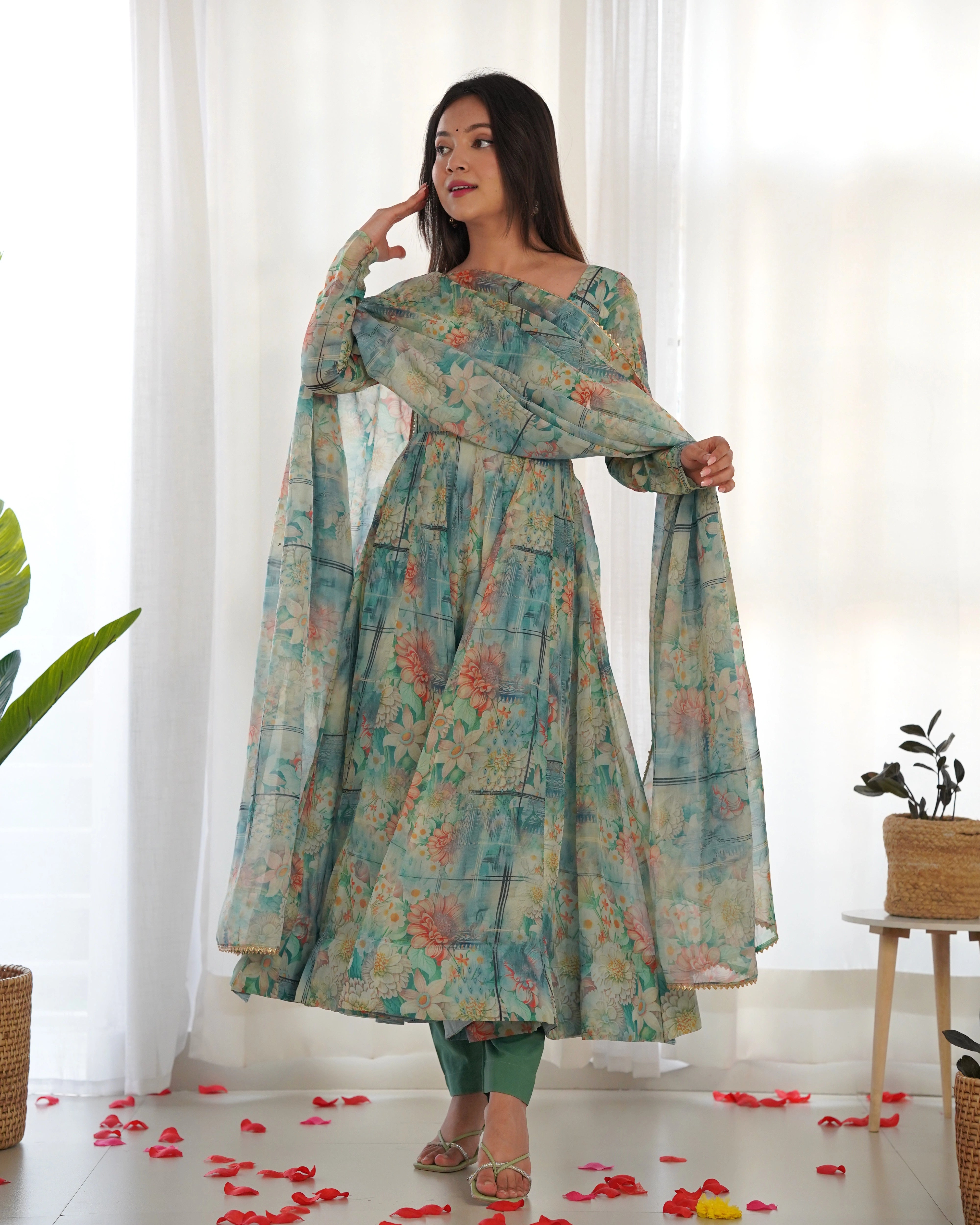 Elegant Aqua Blue Floral Print Anarkali Set with Organza Silk Dupatta