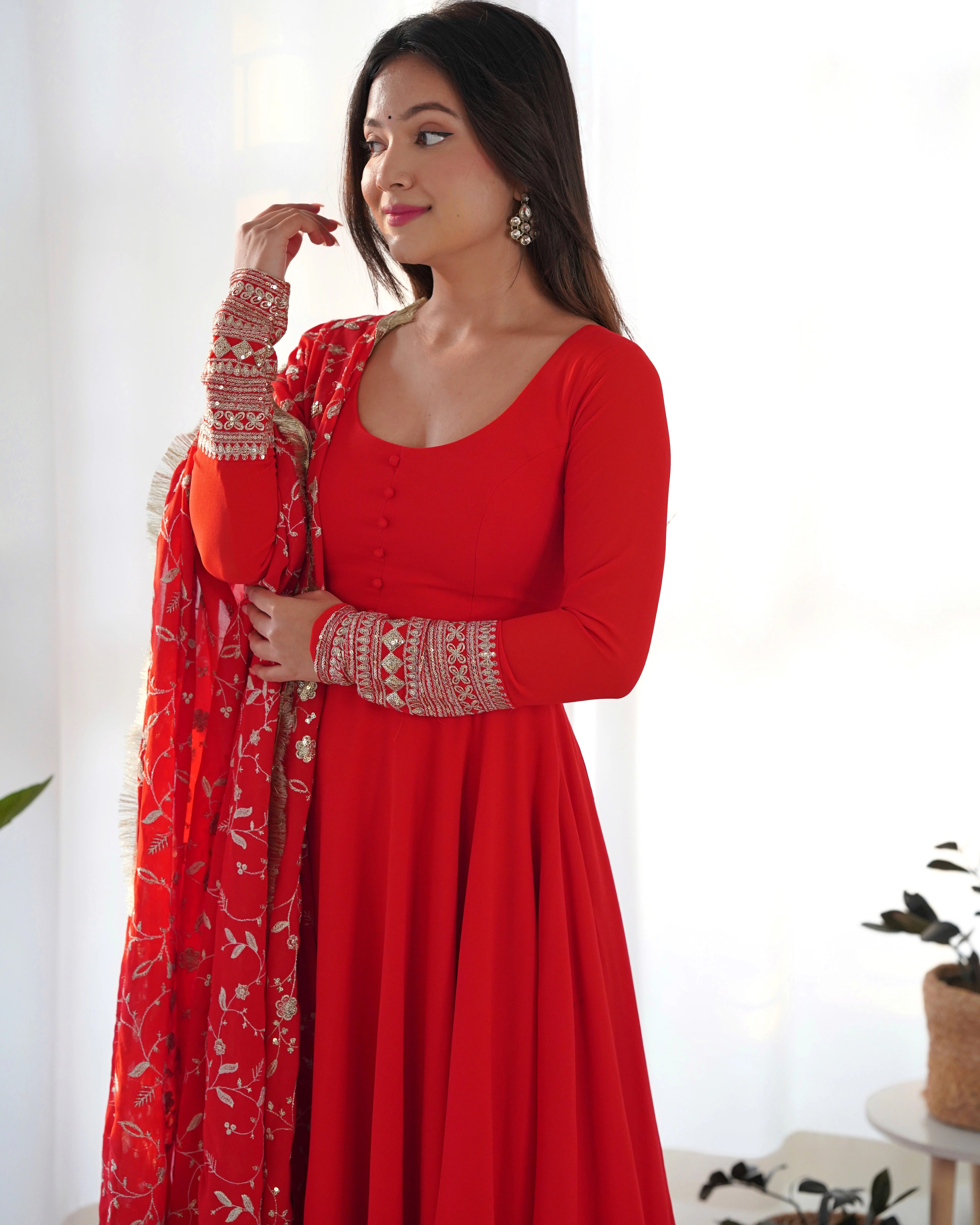 Regal Red Pure Georgette Anarkali Gown Set for Festive Occasions