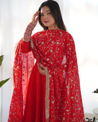 Regal Red Pure Georgette Anarkali Gown Set for Festive Occasions