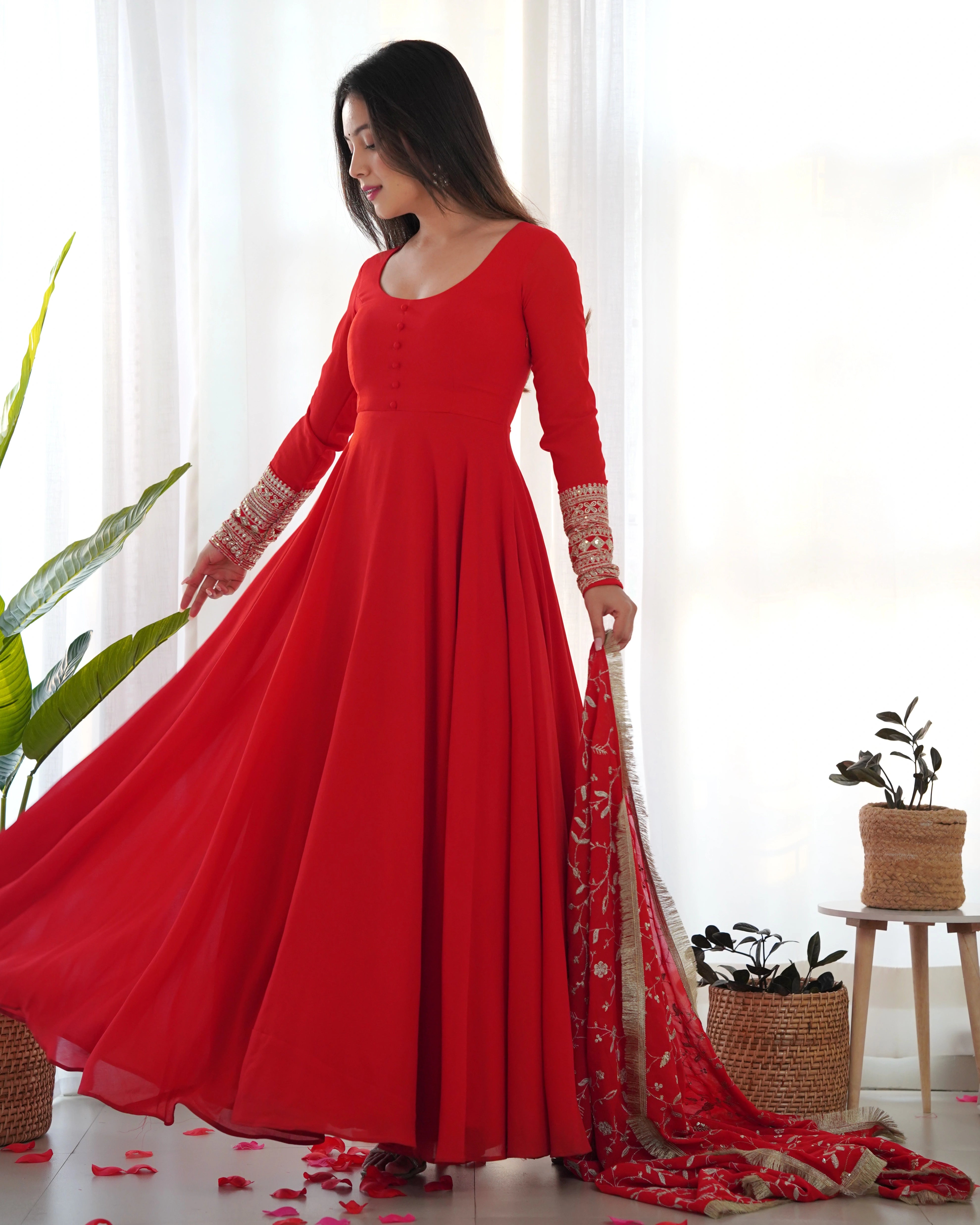 Regal Red Pure Georgette Anarkali Gown Set for Festive Occasions