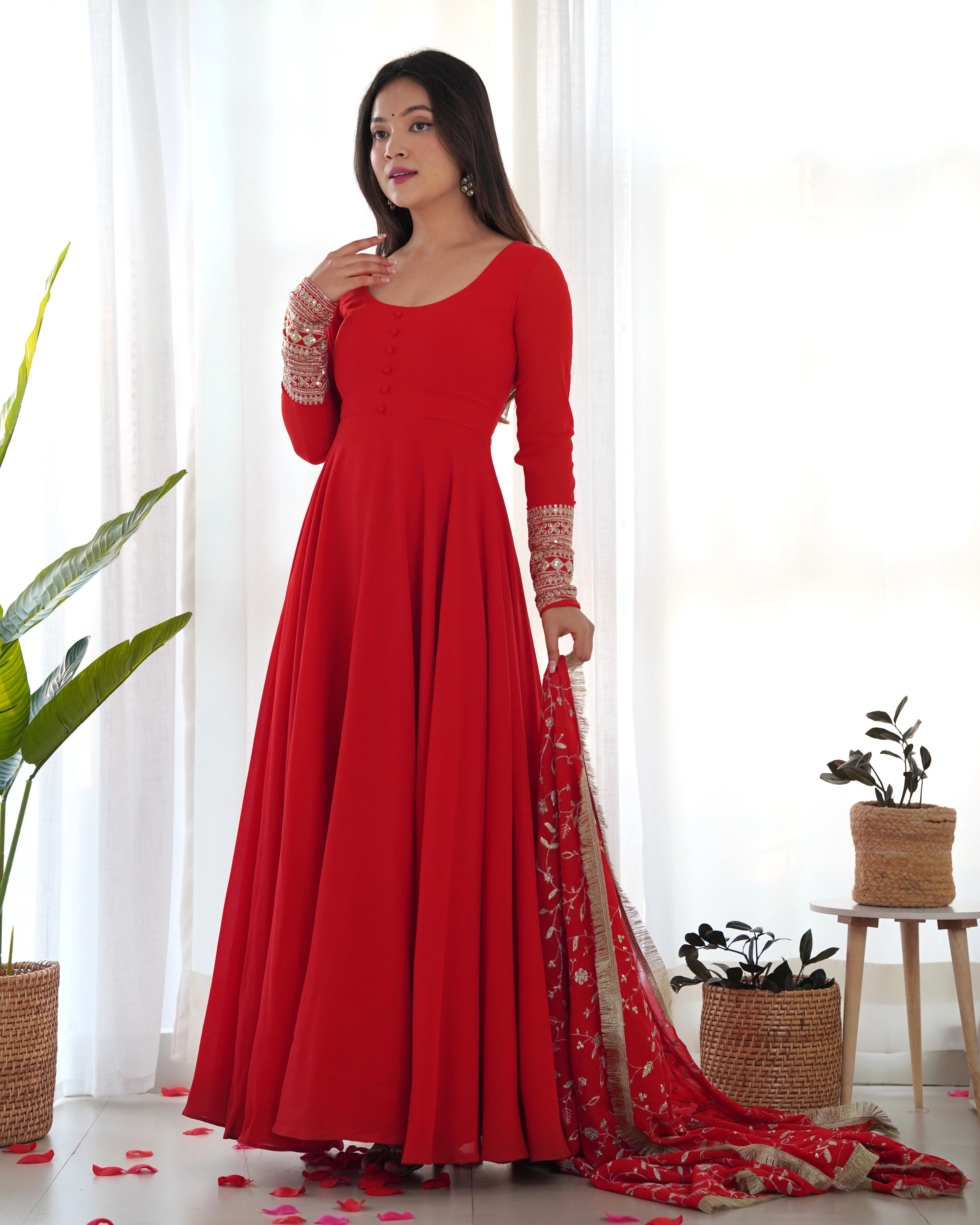 Regal Red Pure Georgette Anarkali Gown Set for Festive Occasions