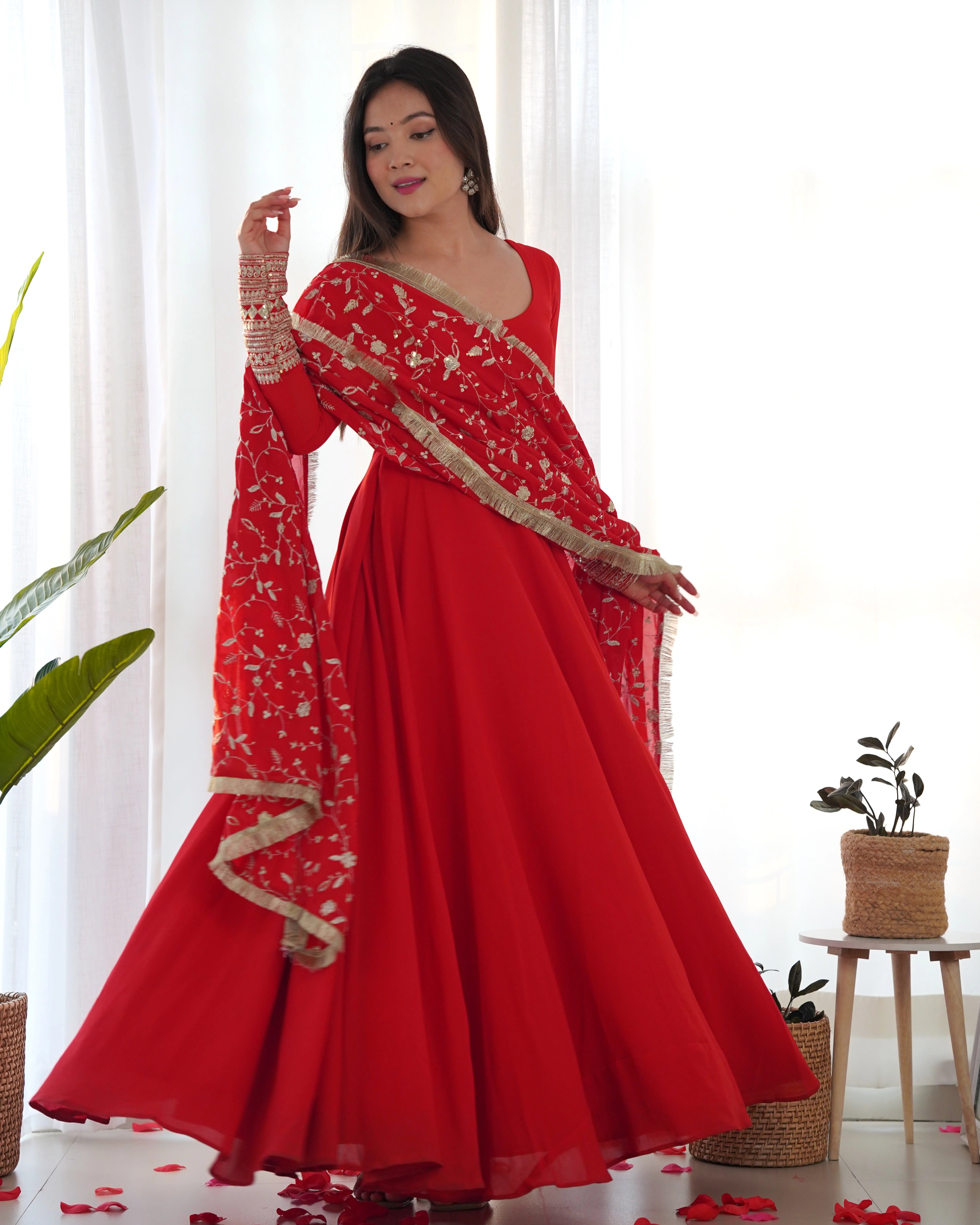 Regal Red Pure Georgette Anarkali Gown Set for Festive Occasions