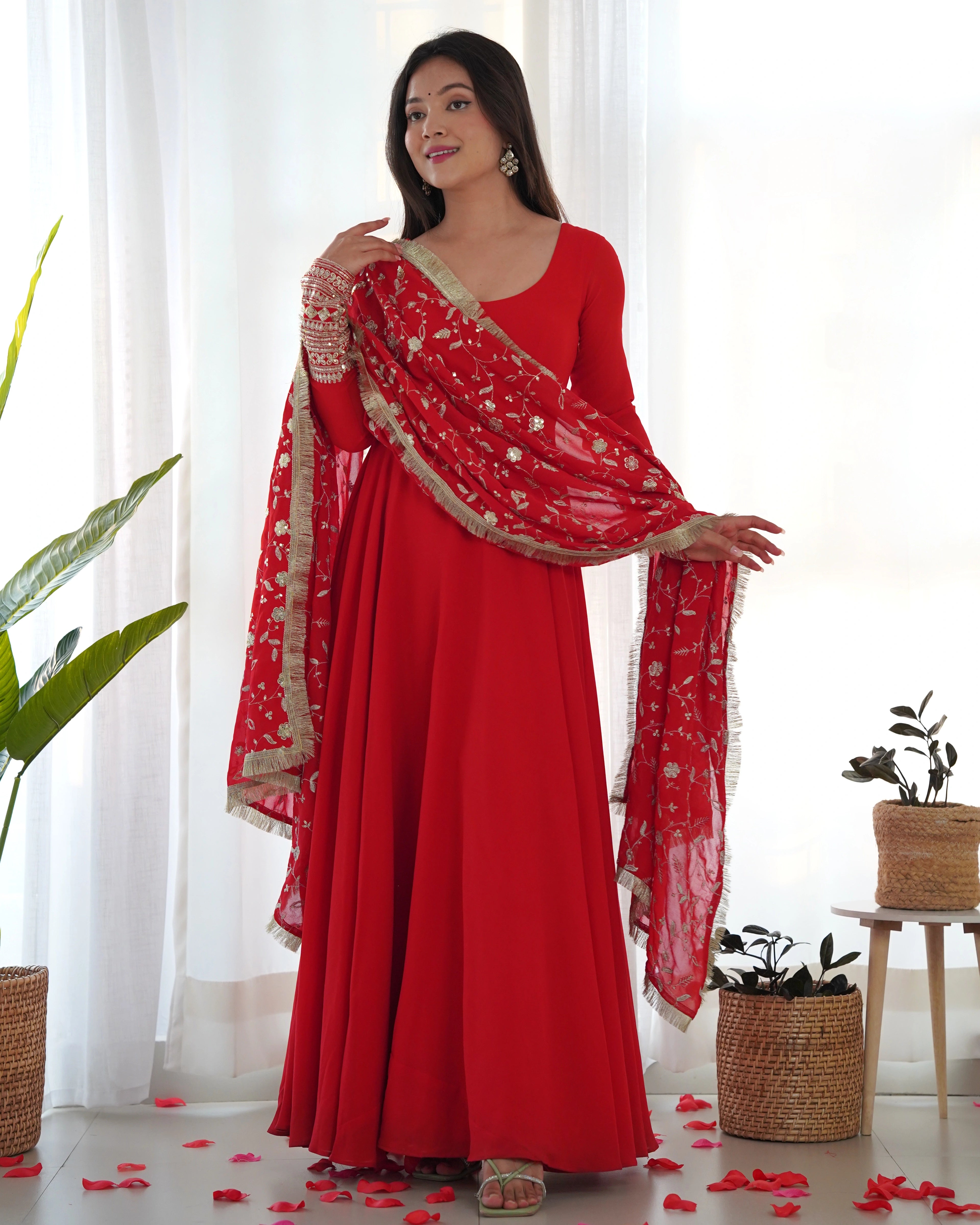 Regal Red Pure Georgette Anarkali Gown Set for Festive Occasions