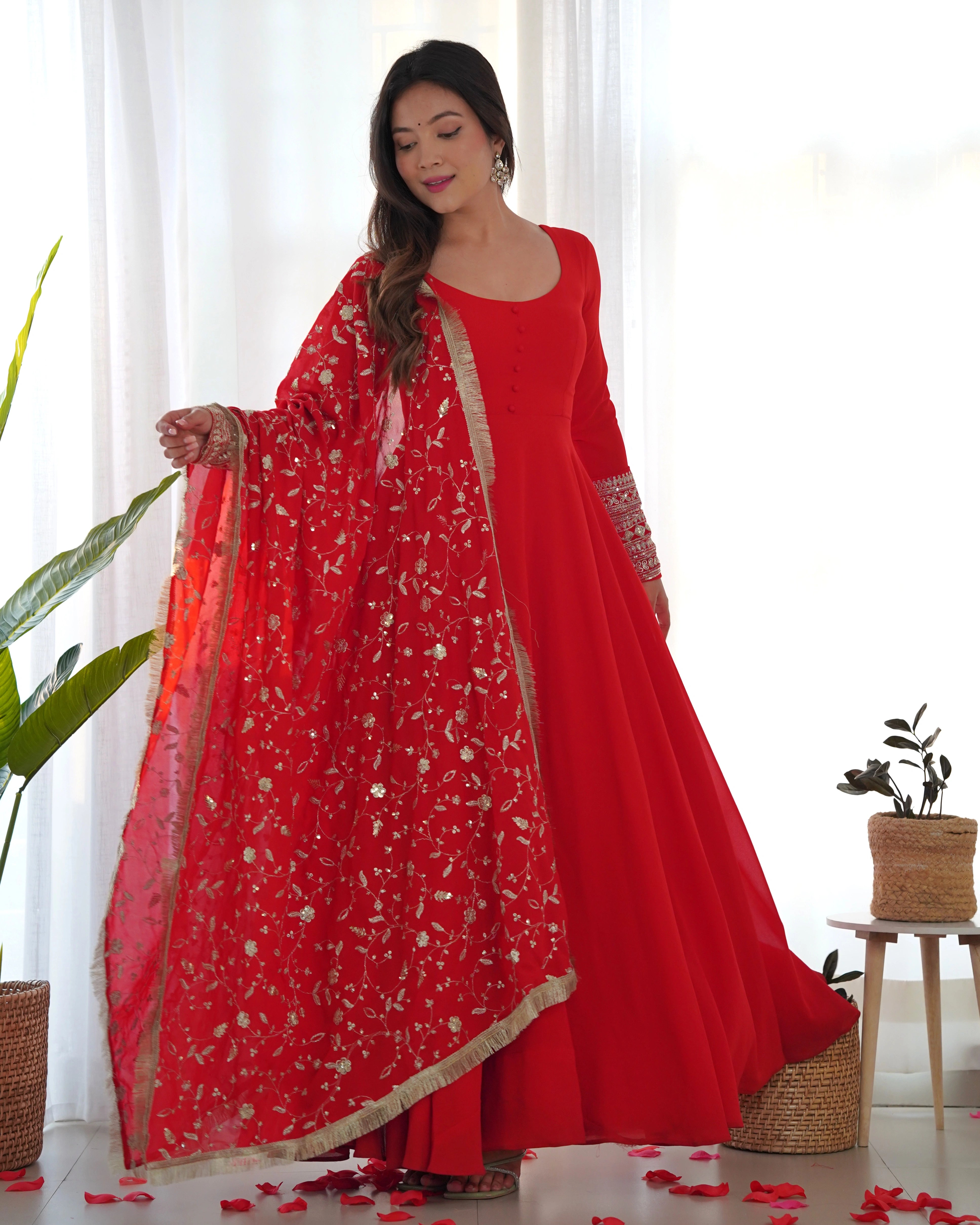 Regal Red Pure Georgette Anarkali Gown Set for Festive Occasions