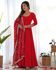 Regal Red Pure Georgette Anarkali Gown Set for Festive Occasions