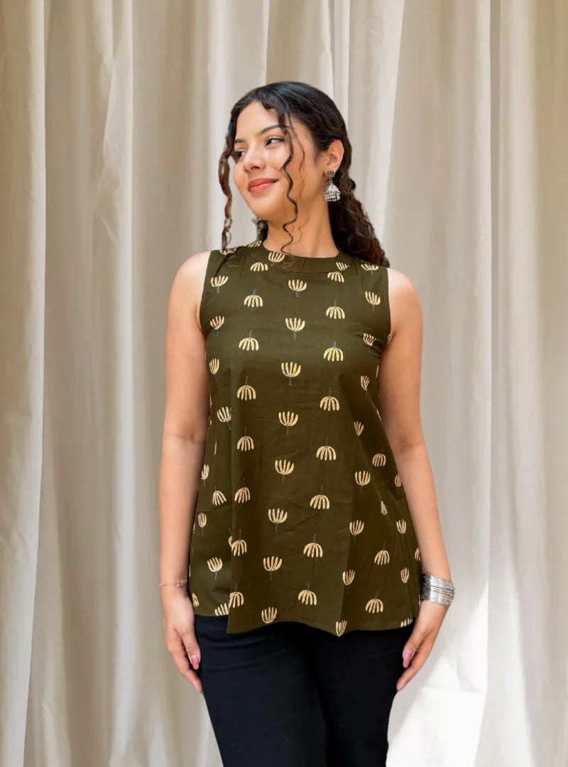 Olive Lotus Print Cotton Sleeveless Kurti
