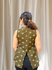 Olive Lotus Print Cotton Sleeveless Kurti