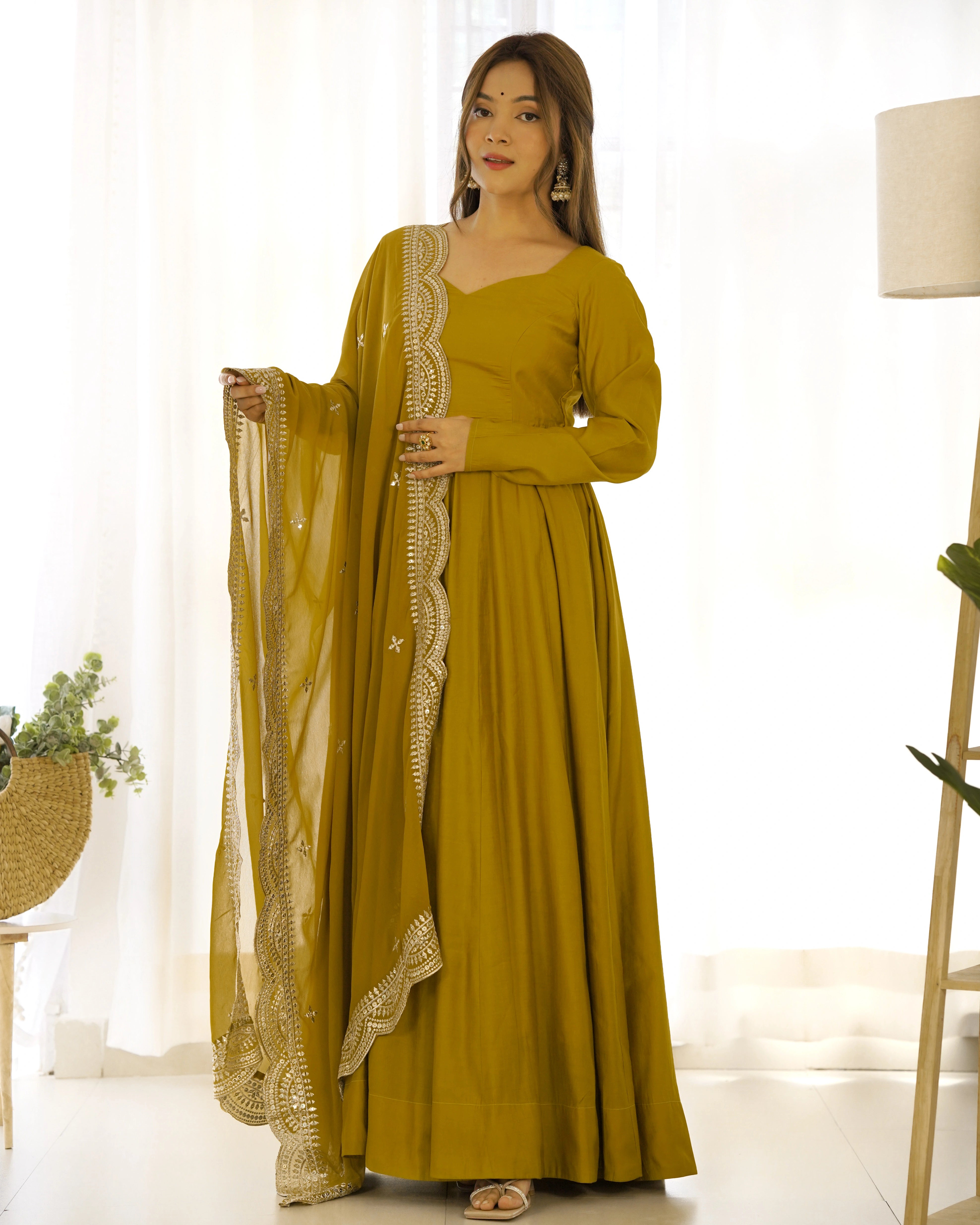 Stunning Mustard Roman Silk Chanderi Anarkali Set for Festive Occasions