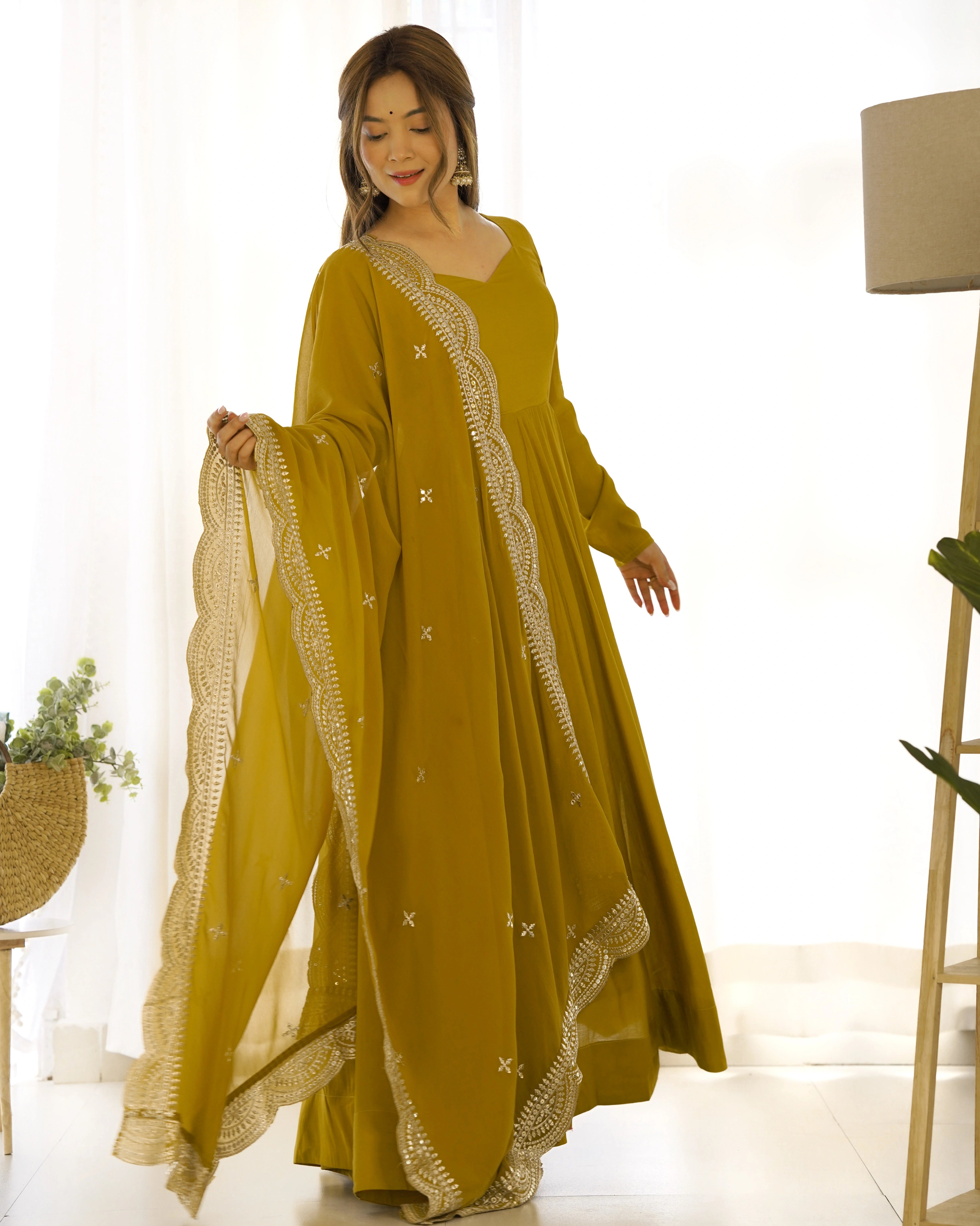 Stunning Mustard Roman Silk Chanderi Anarkali Set for Festive Occasions