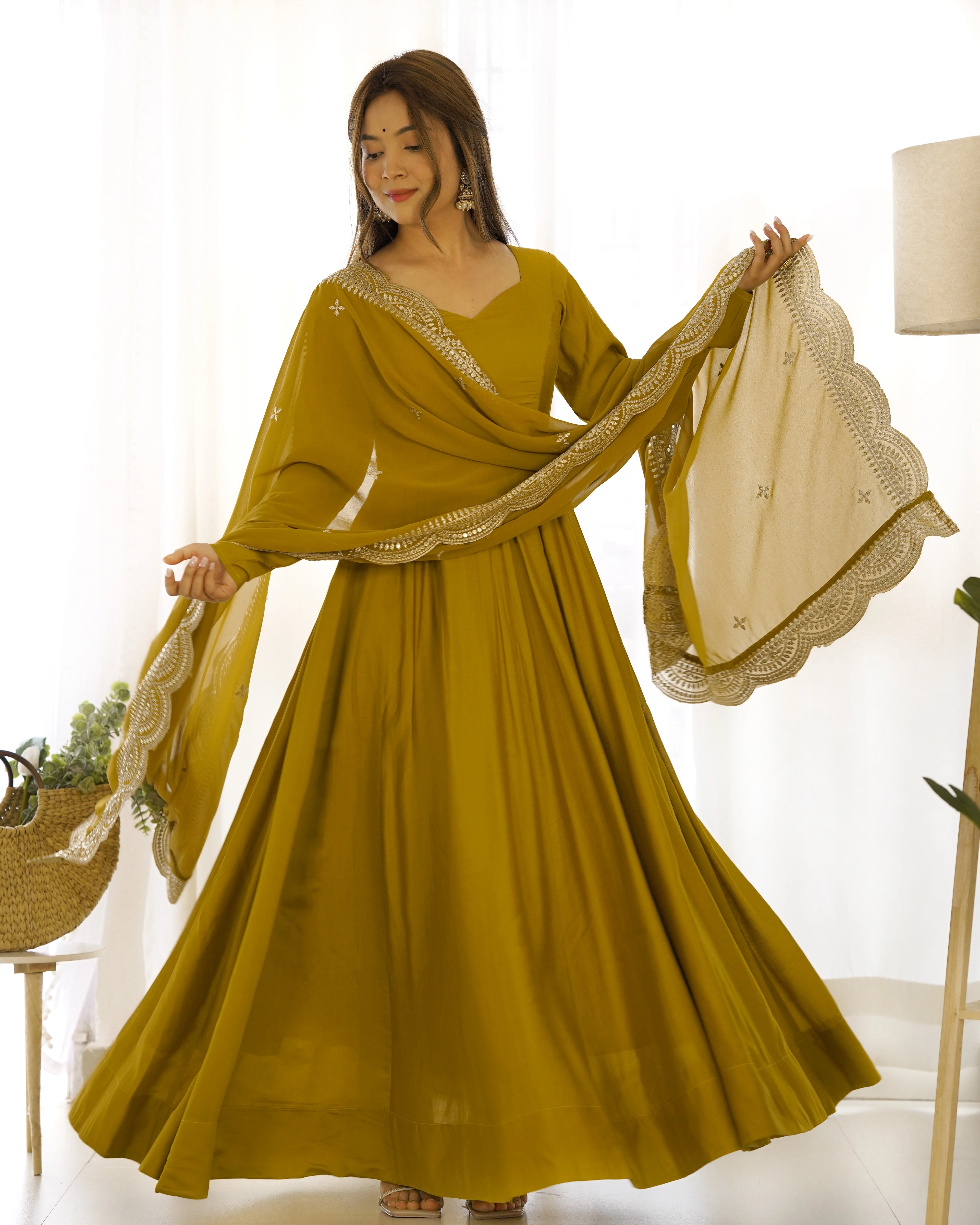 Stunning Mustard Roman Silk Chanderi Anarkali Set for Festive Occasions