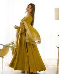 Stunning Mustard Roman Silk Chanderi Anarkali Set for Festive Occasions