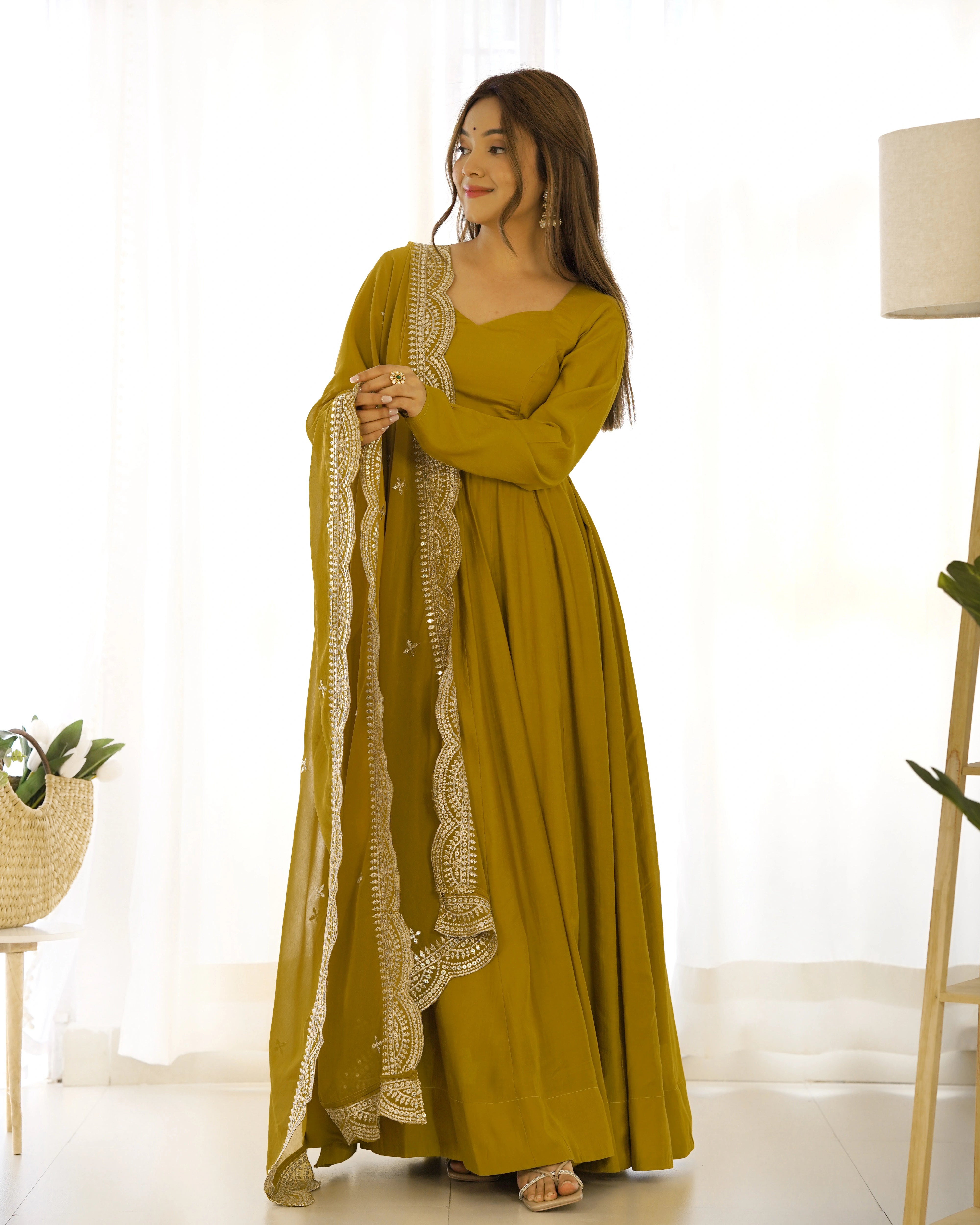 Stunning Mustard Roman Silk Chanderi Anarkali Set for Festive Occasions