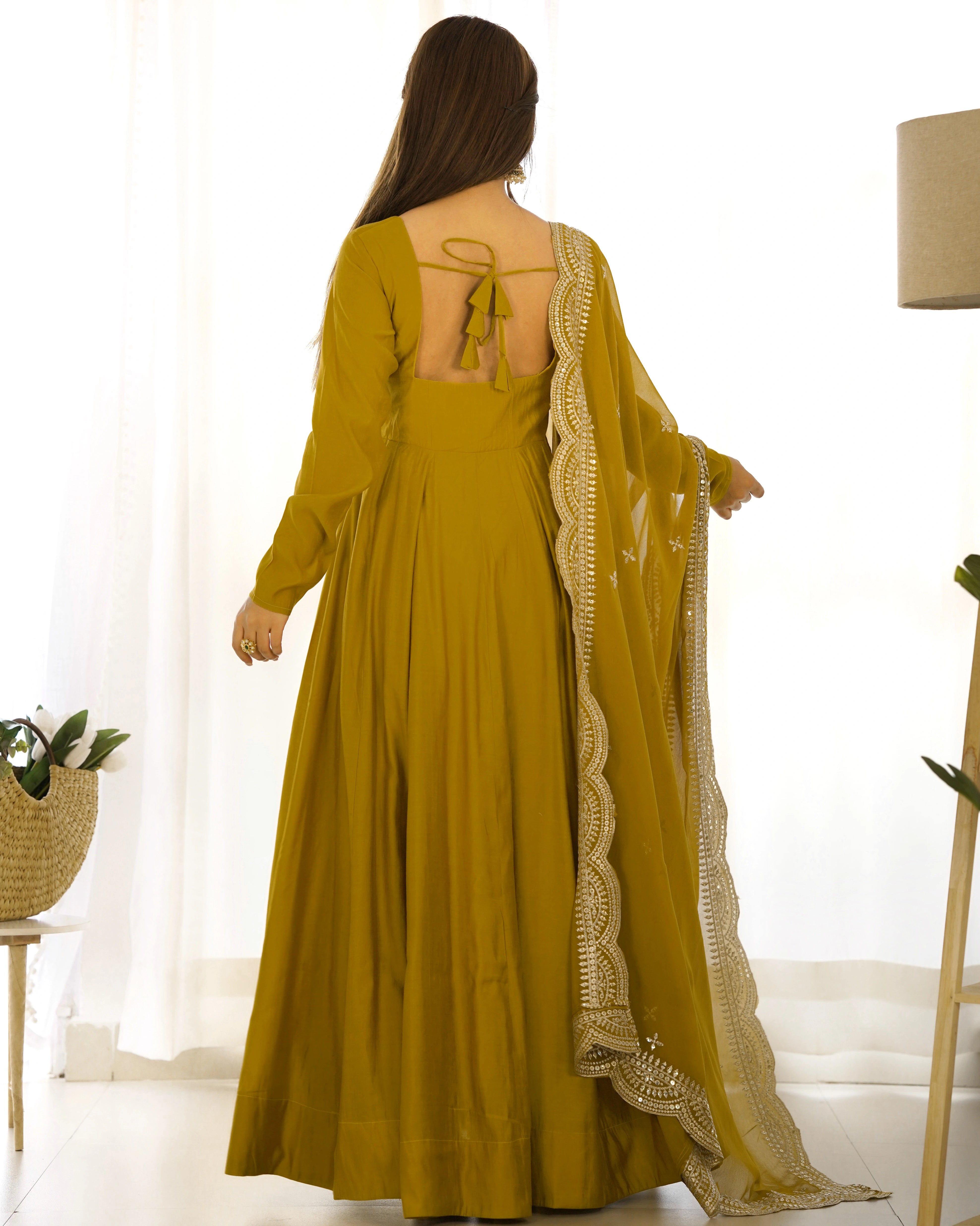 Stunning Mustard Roman Silk Chanderi Anarkali Set for Festive Occasions