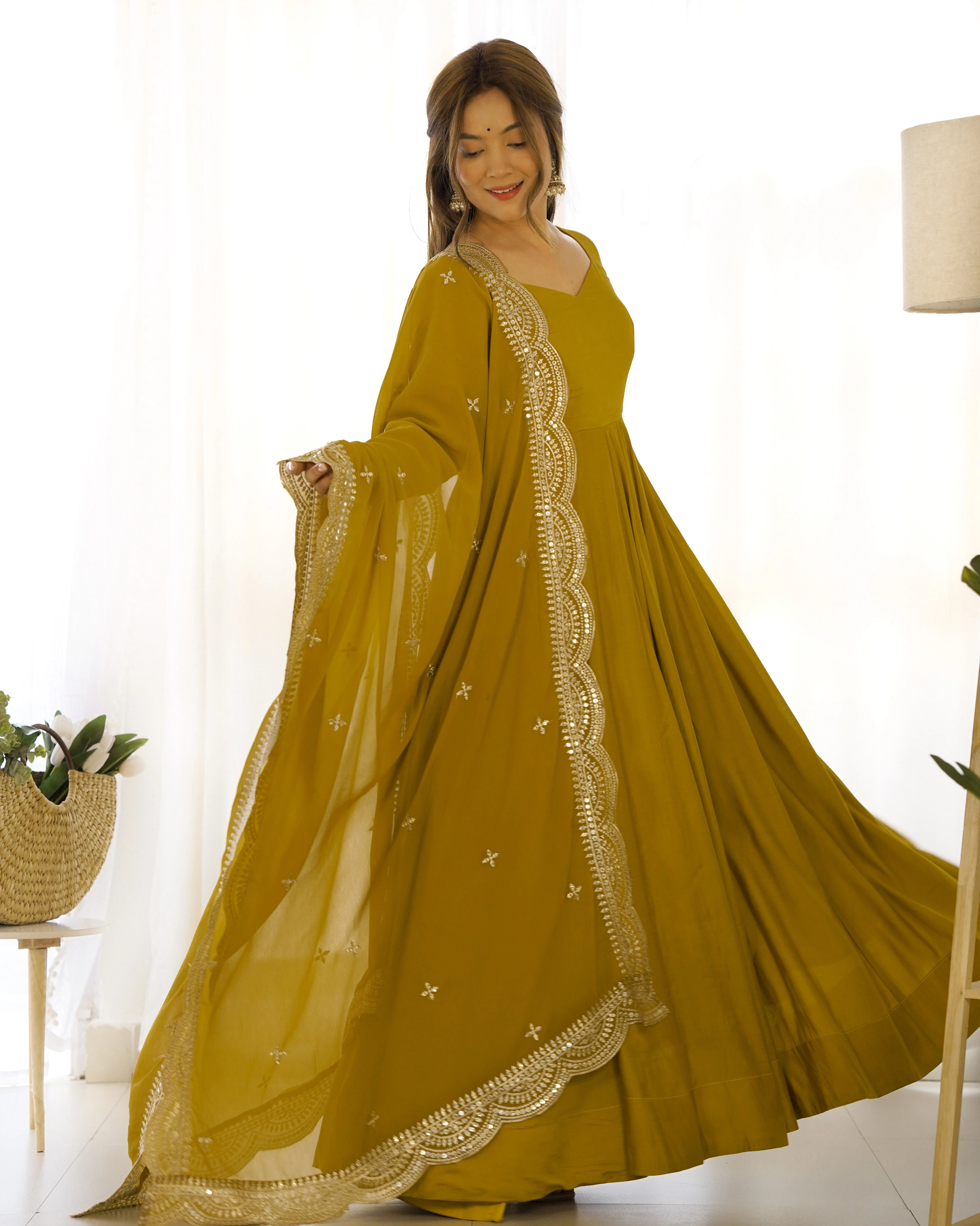 Stunning Mustard Roman Silk Chanderi Anarkali Set for Festive Occasions