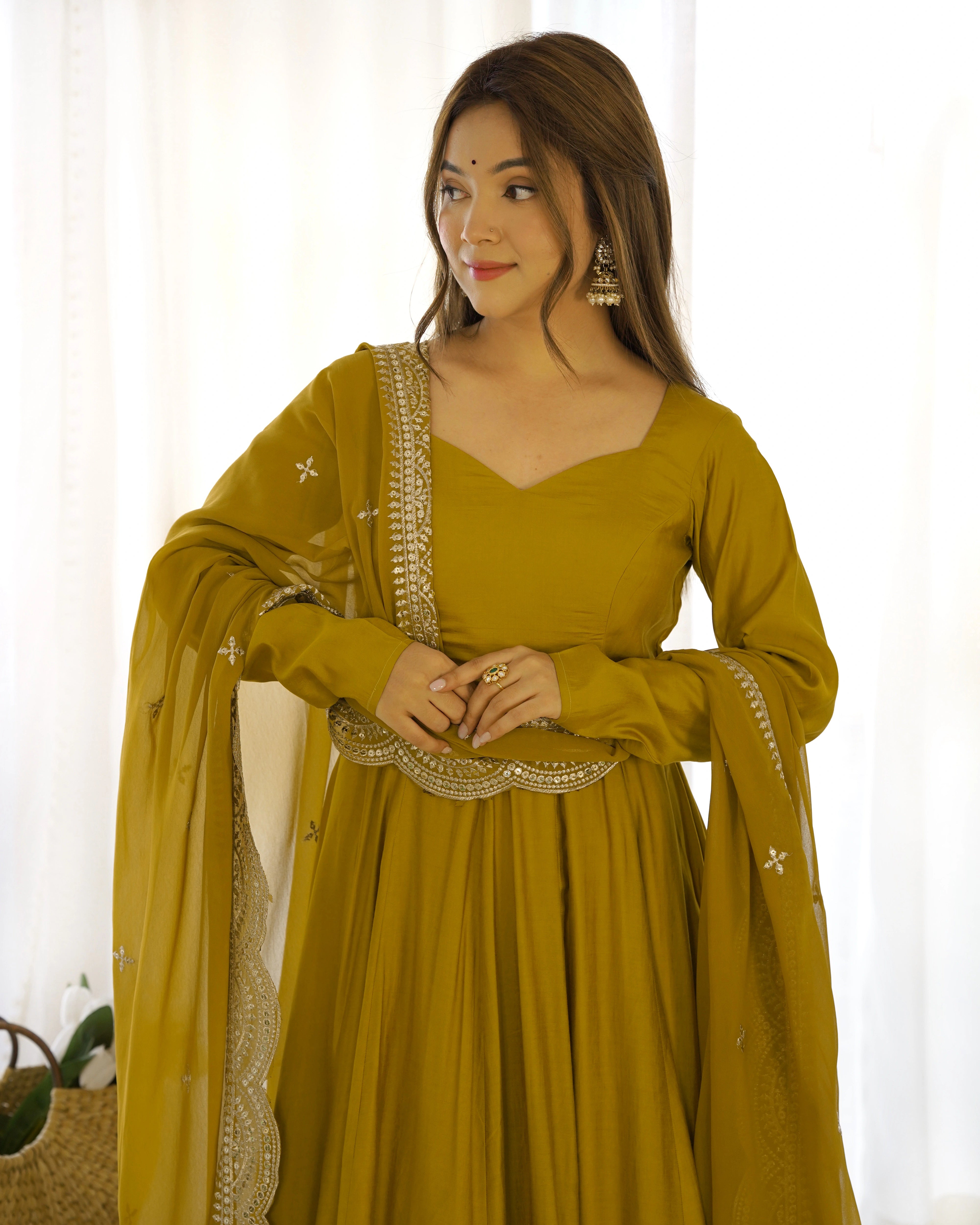 Stunning Mustard Roman Silk Chanderi Anarkali Set for Festive Occasions