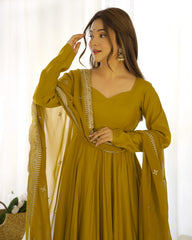 Stunning Mustard Roman Silk Chanderi Anarkali Set for Festive Occasions