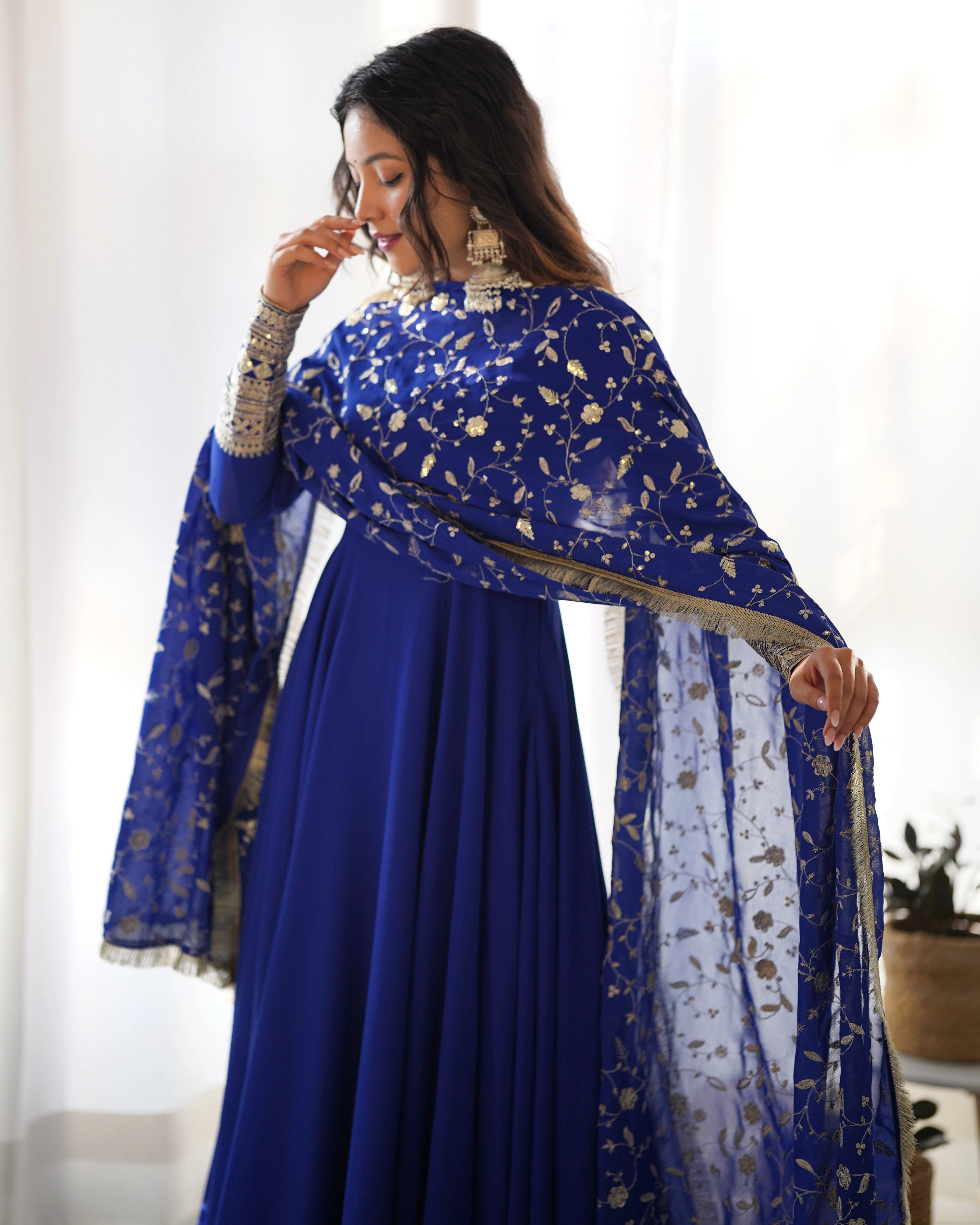 Royal Blue Anarkali Gown Set with Embellished Dupatta