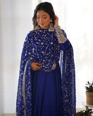 Royal Blue Anarkali Gown Set with Embellished Dupatta