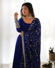 Royal Blue Anarkali Gown Set with Embellished Dupatta