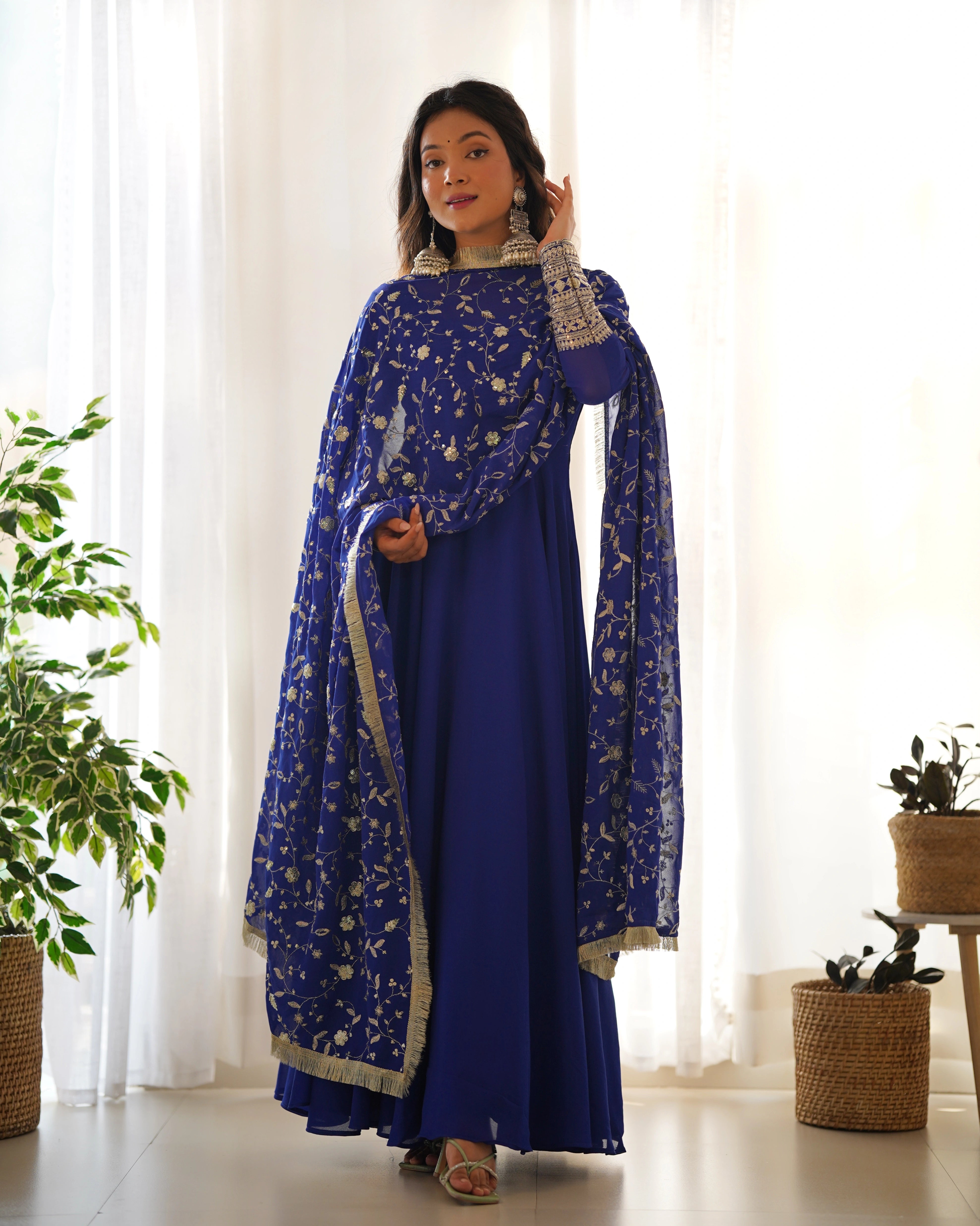 Royal Blue Anarkali Gown Set with Embellished Dupatta