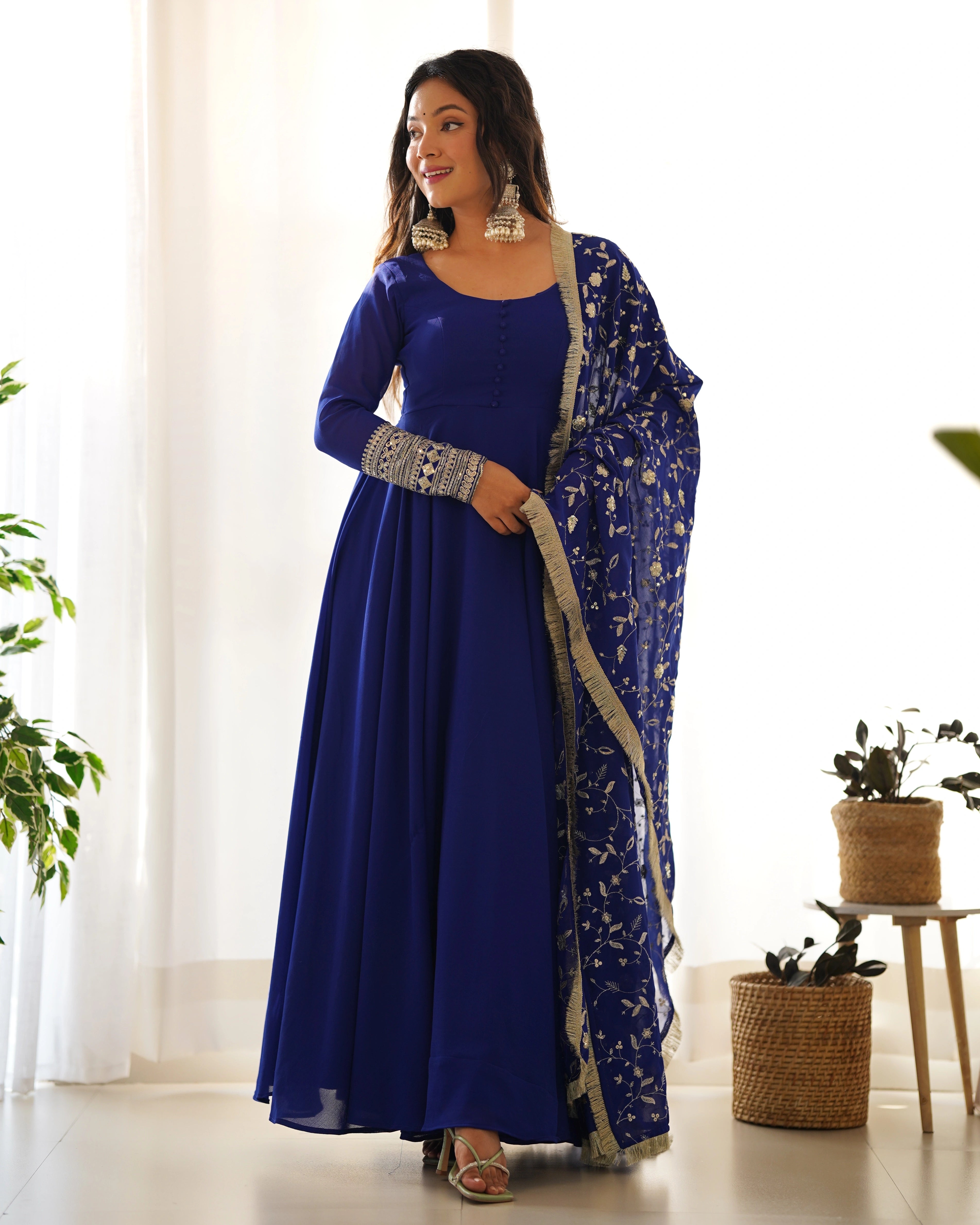 Royal Blue Anarkali Gown Set with Embellished Dupatta