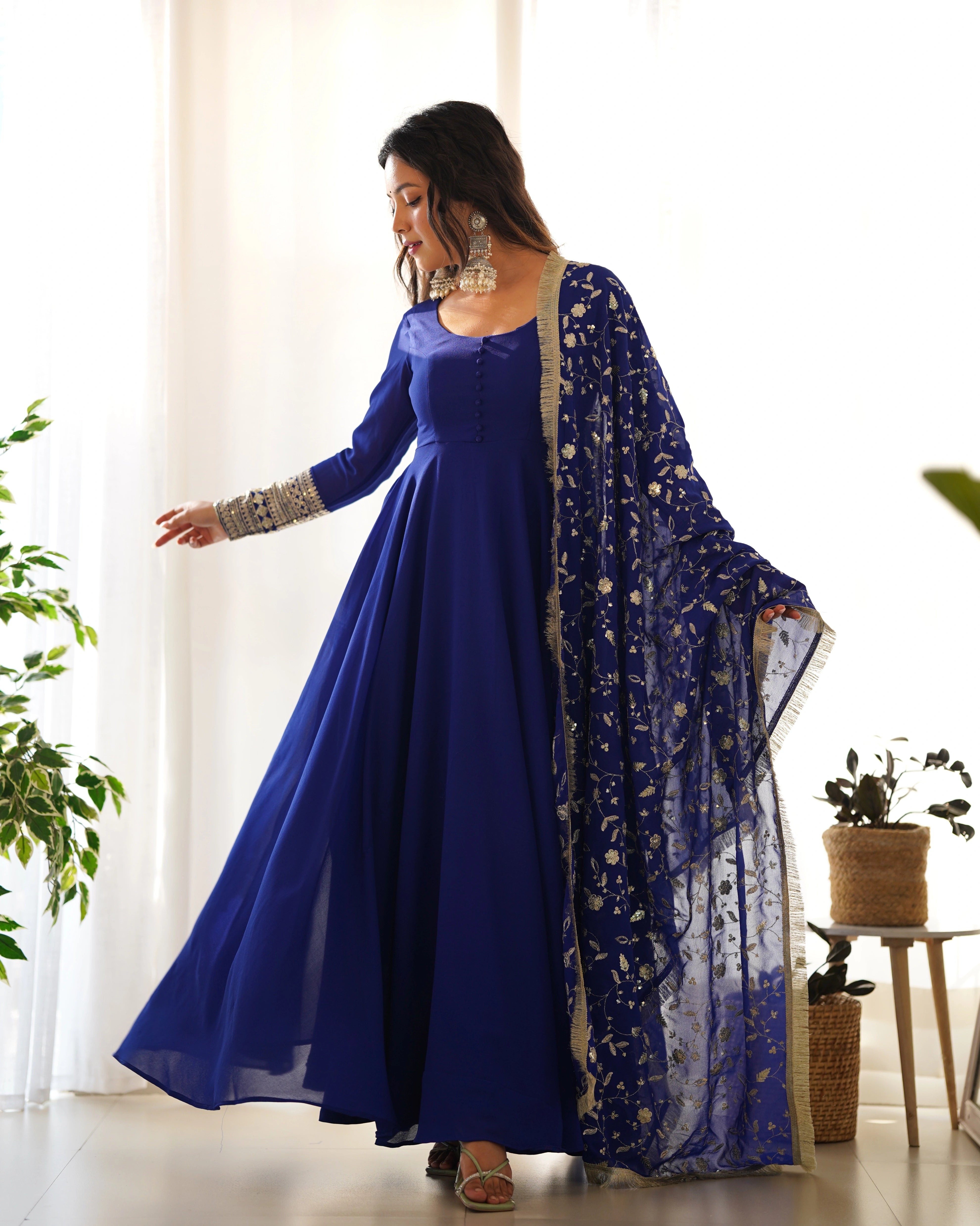 Royal Blue Anarkali Gown Set with Embellished Dupatta