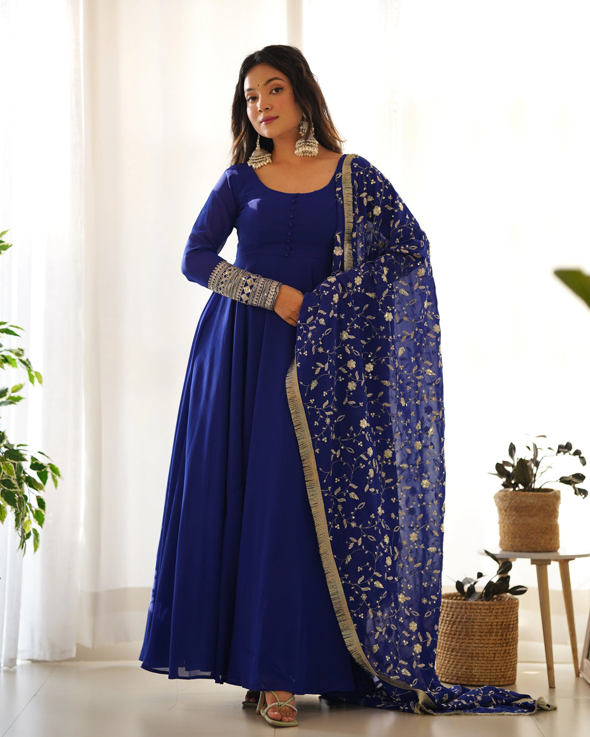 Royal Blue Anarkali Gown Set with Embellished Dupatta