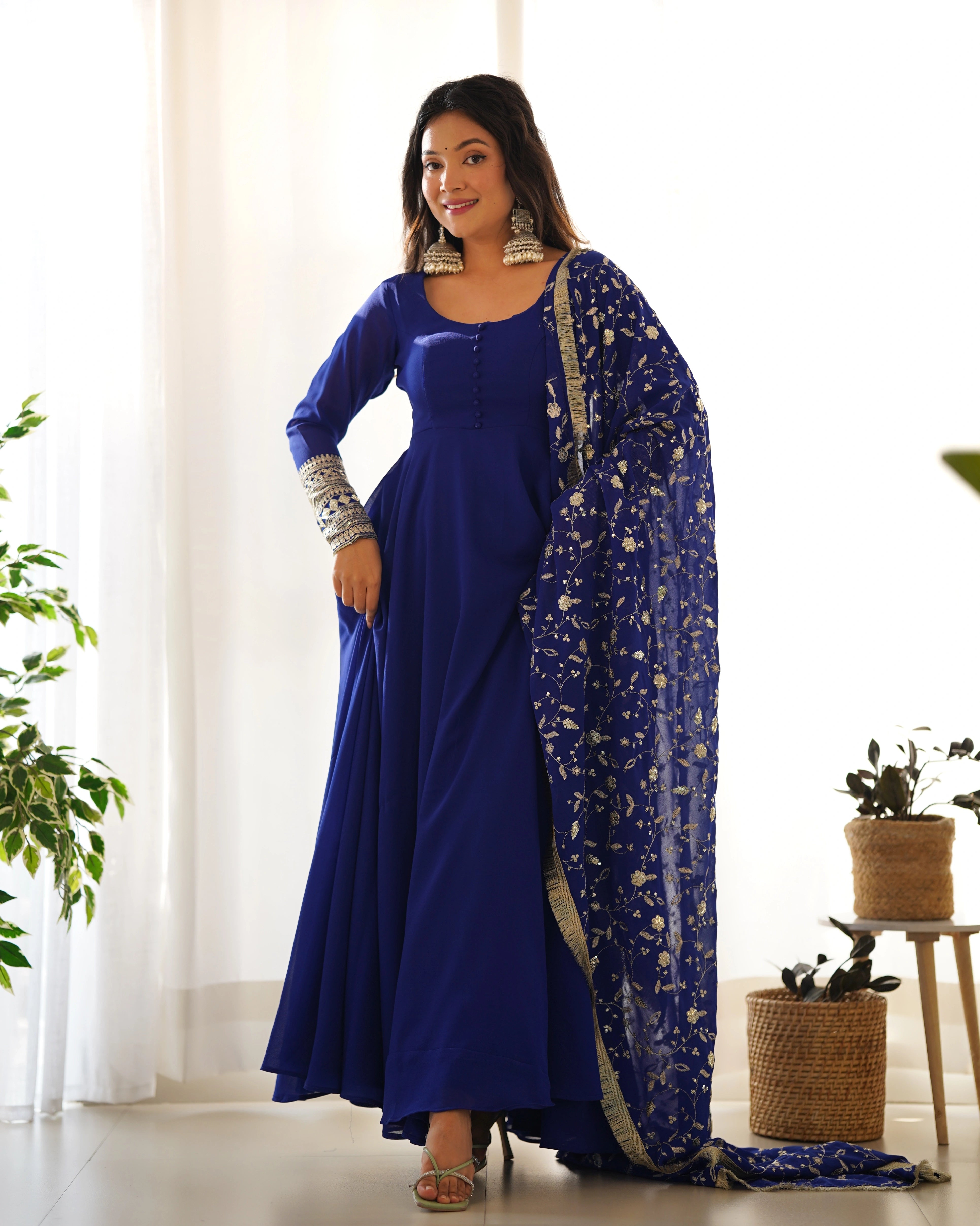 Royal Blue Anarkali Gown Set with Embellished Dupatta