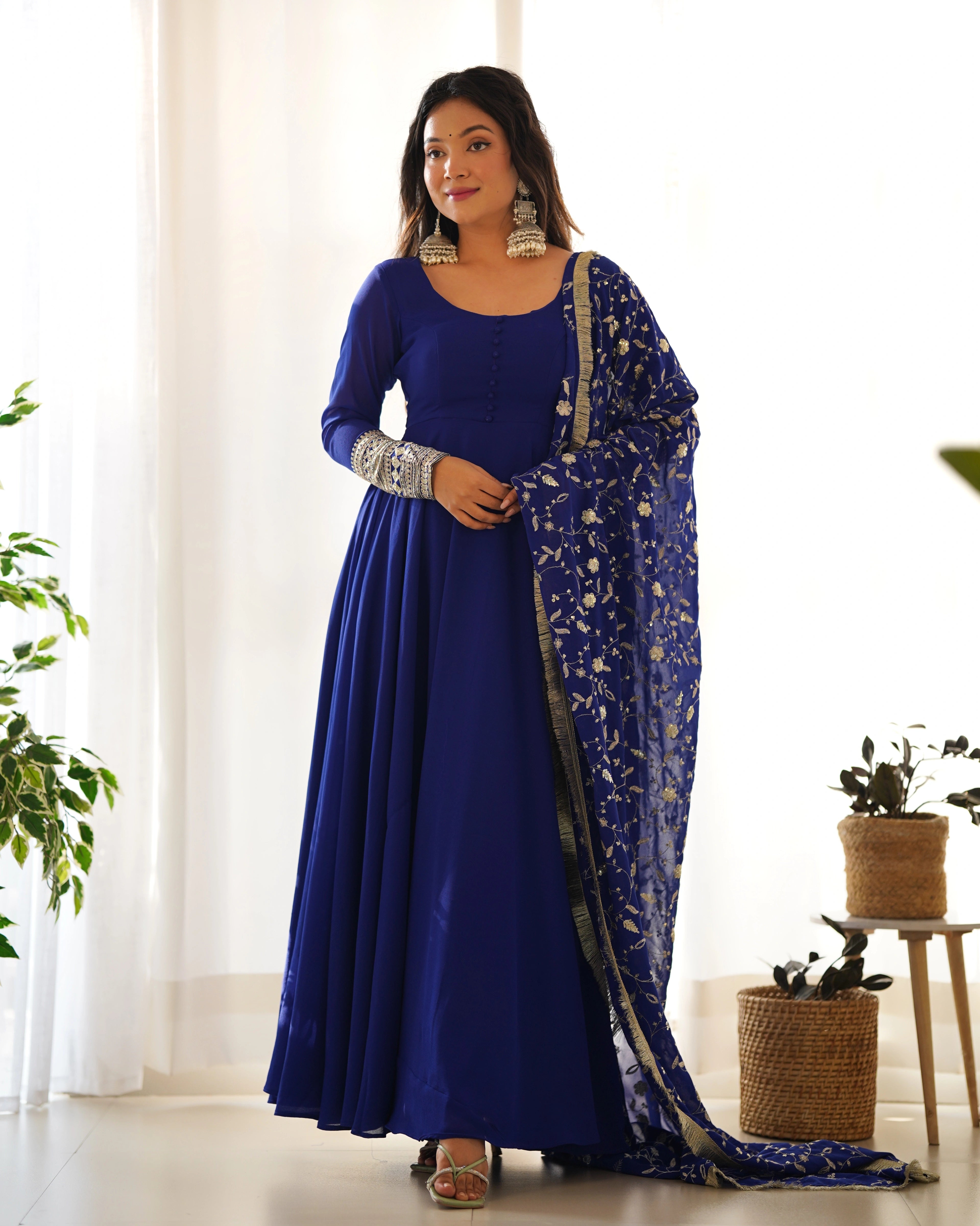 Royal Blue Anarkali Gown Set with Embellished Dupatta