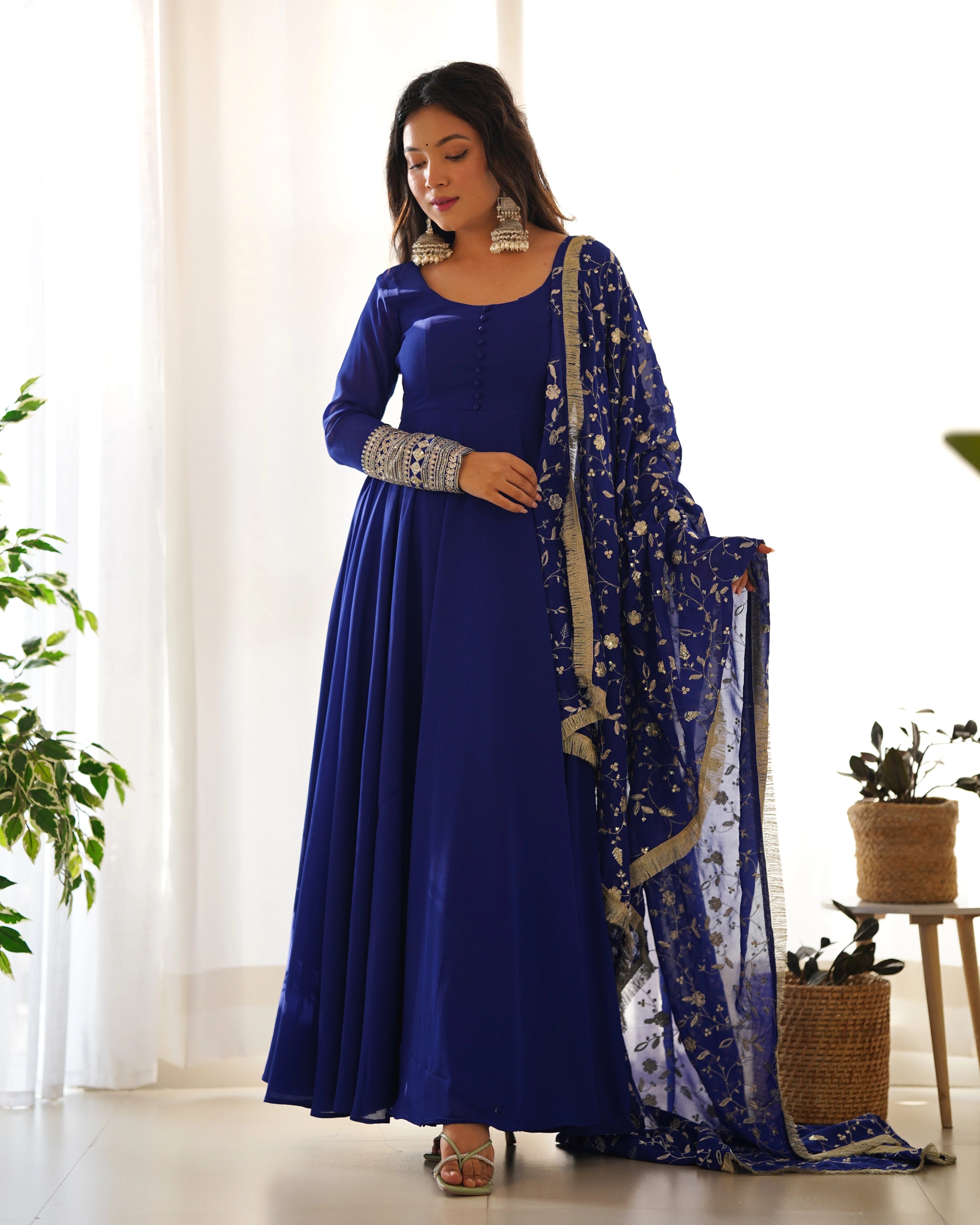 Royal Blue Anarkali Gown Set with Embellished Dupatta