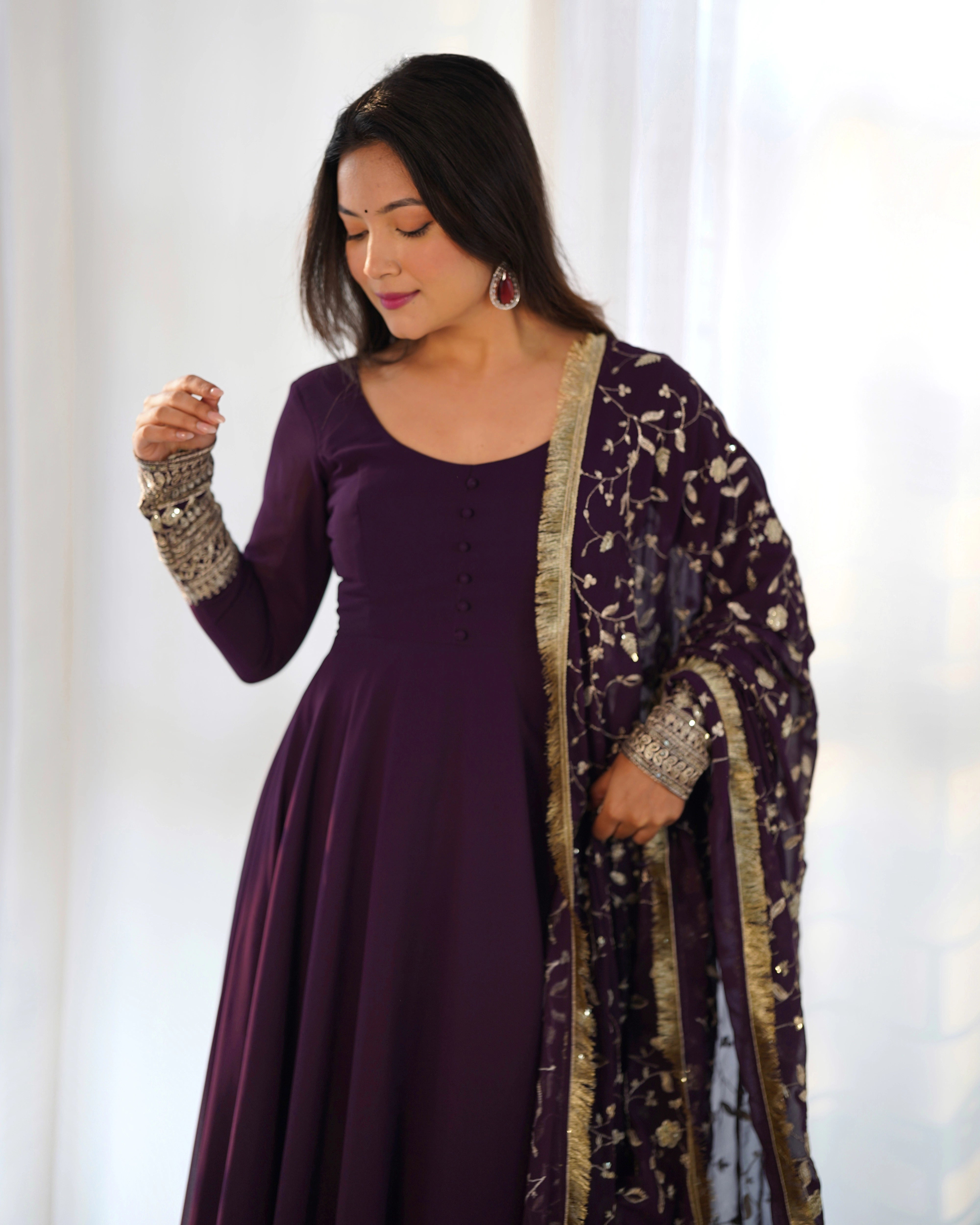 Elegant Wine Anarkali Gown Set with Exquisite Zari Work