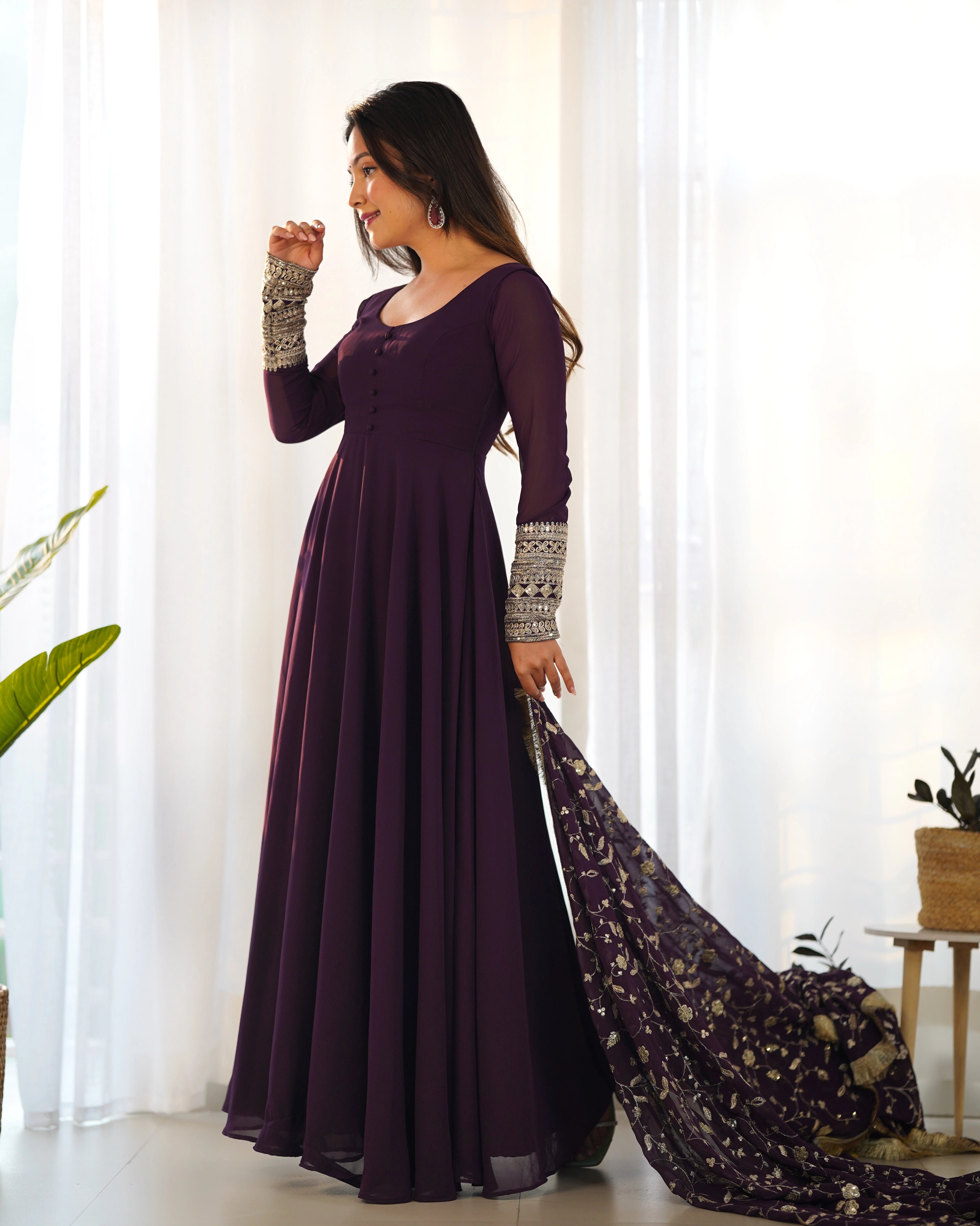 Elegant Wine Anarkali Gown Set with Exquisite Zari Work