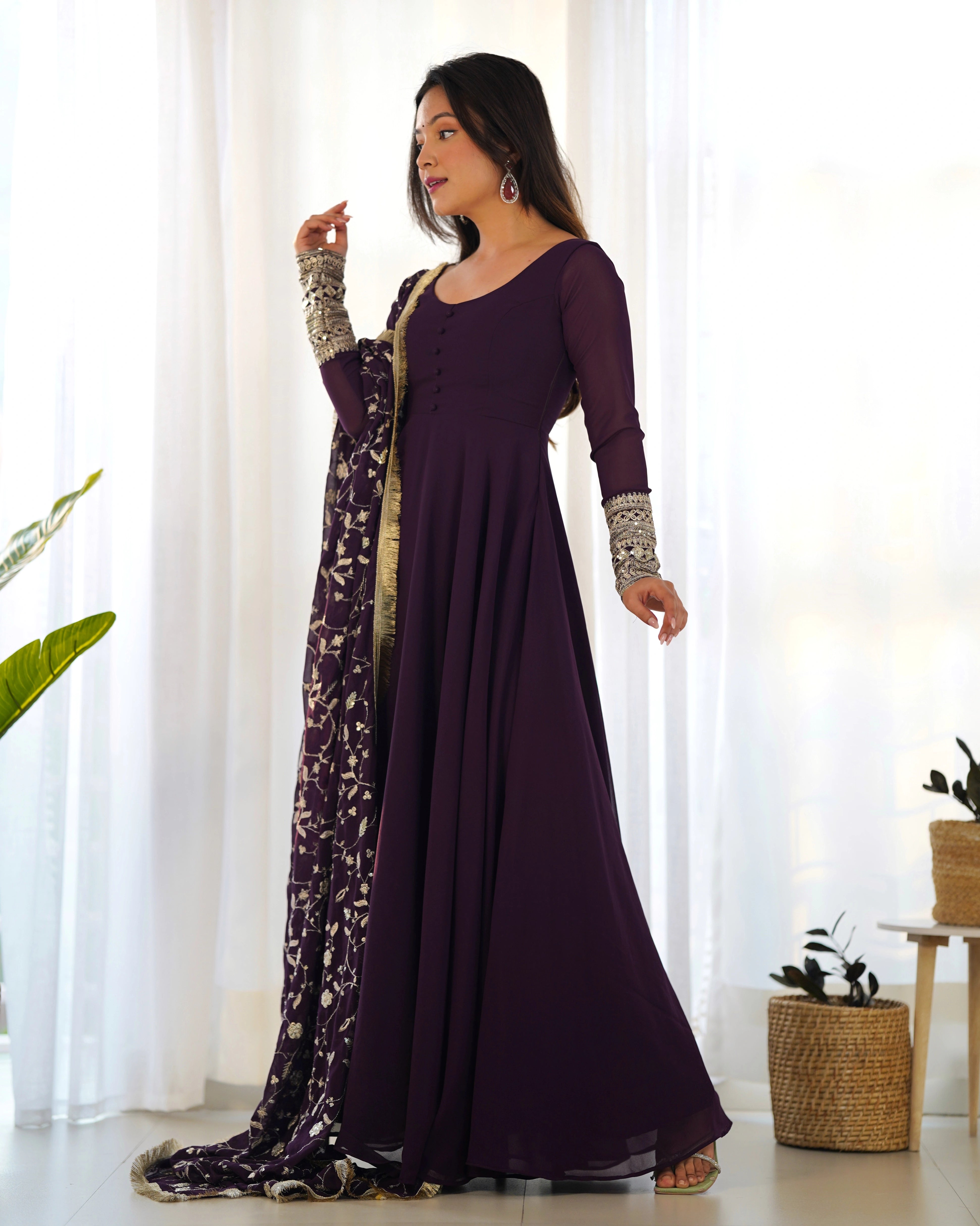 Elegant Wine Anarkali Gown Set with Exquisite Zari Work