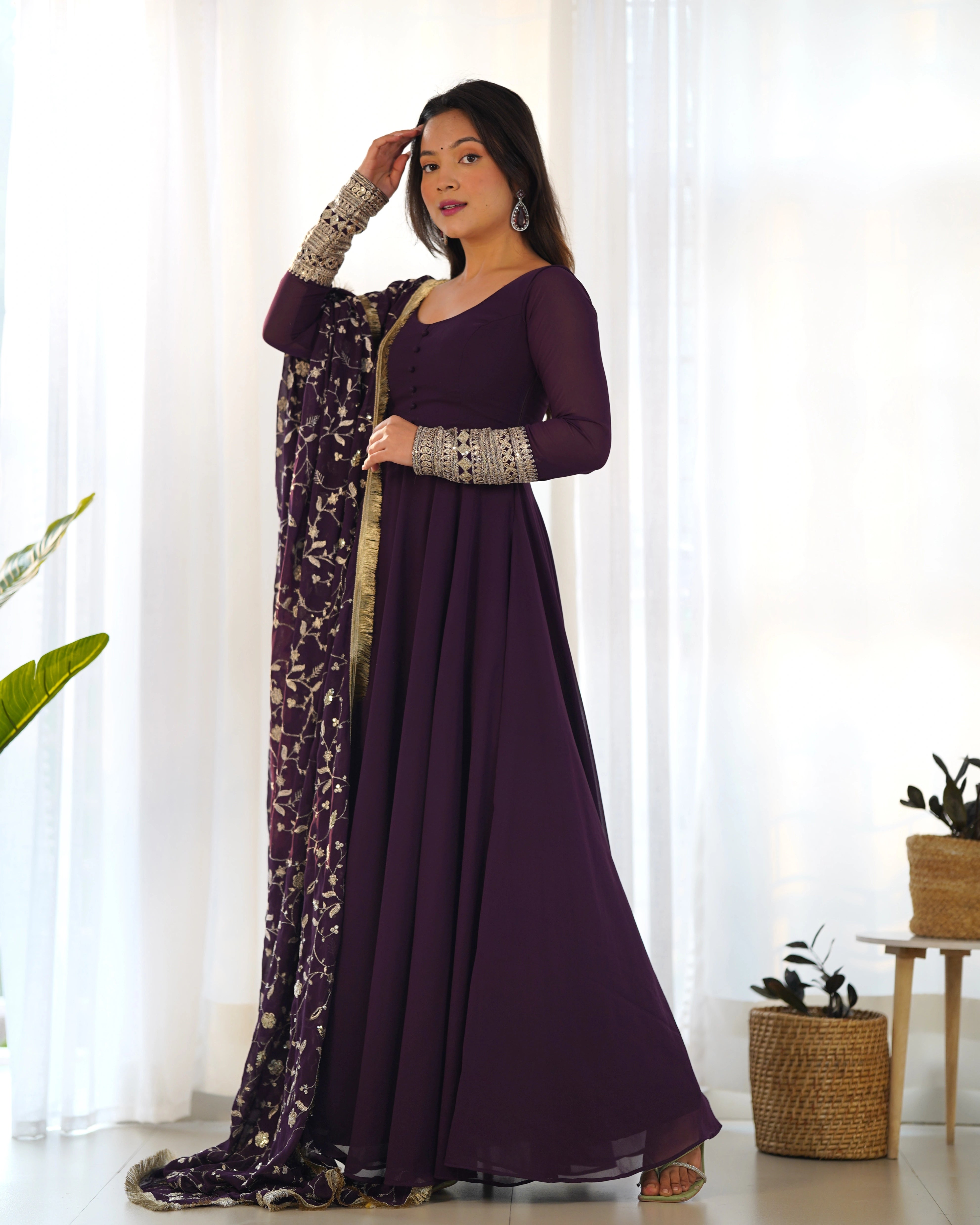 Elegant Wine Anarkali Gown Set with Exquisite Zari Work