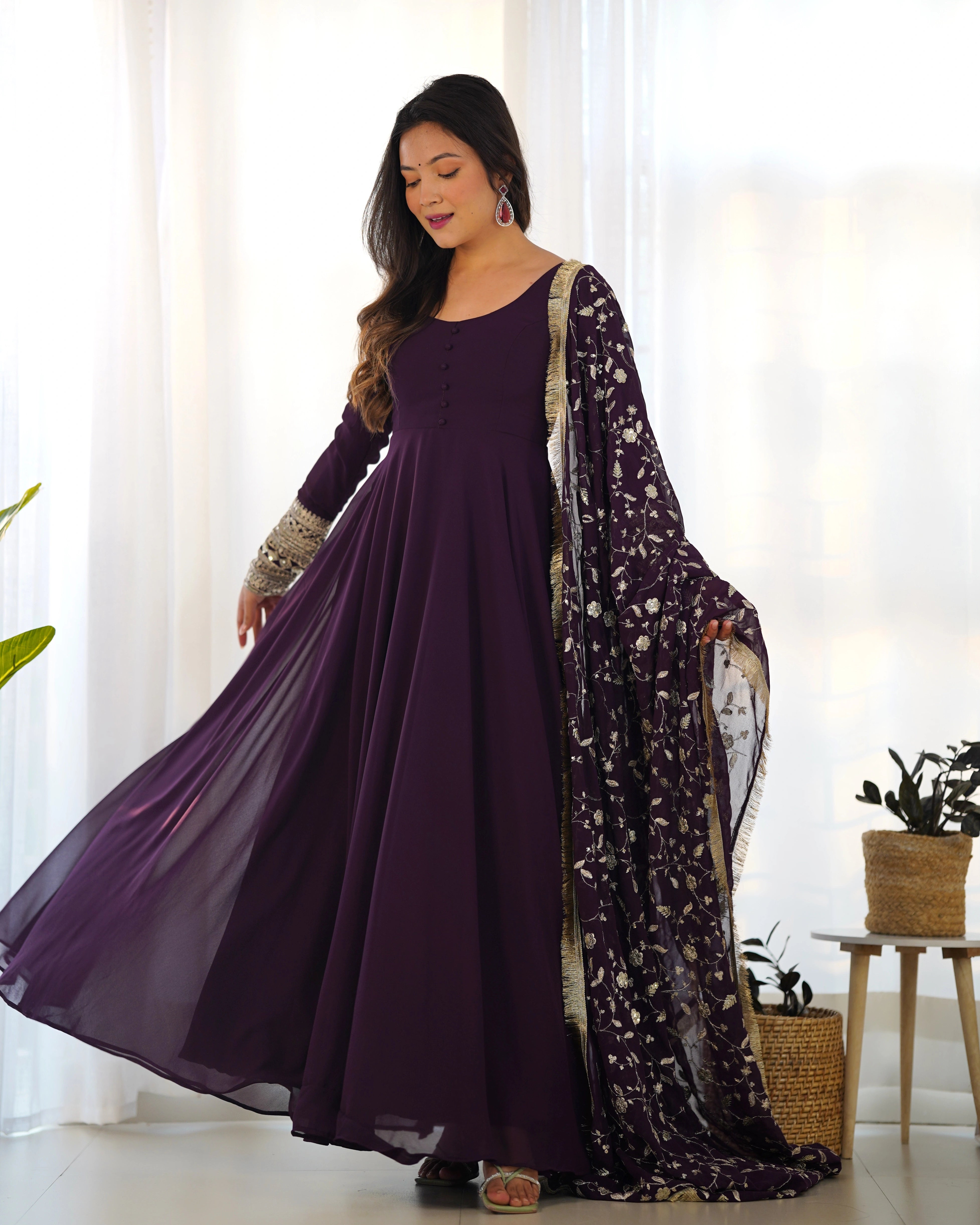 Elegant Wine Anarkali Gown Set with Exquisite Zari Work