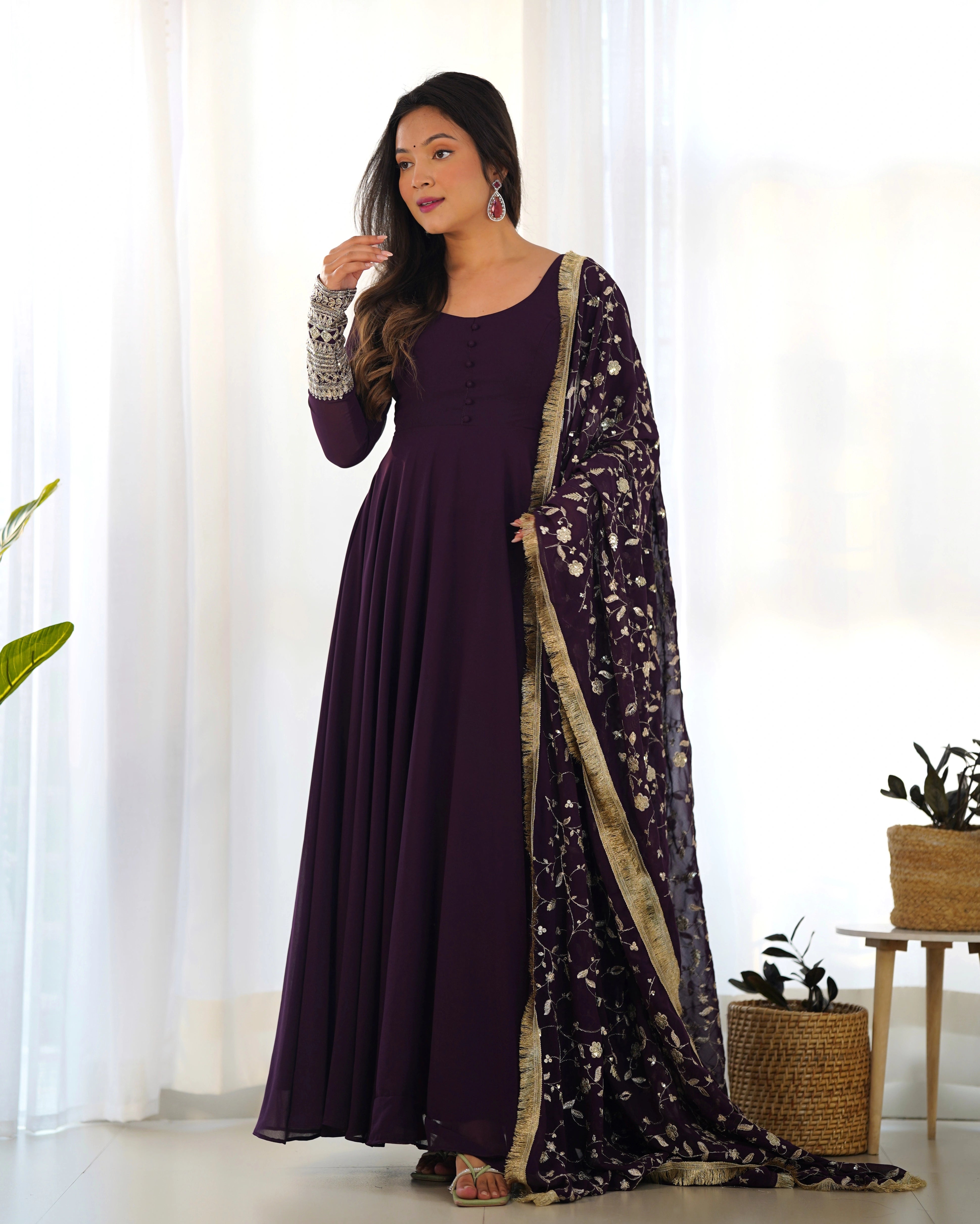 Elegant Wine Anarkali Gown Set with Exquisite Zari Work