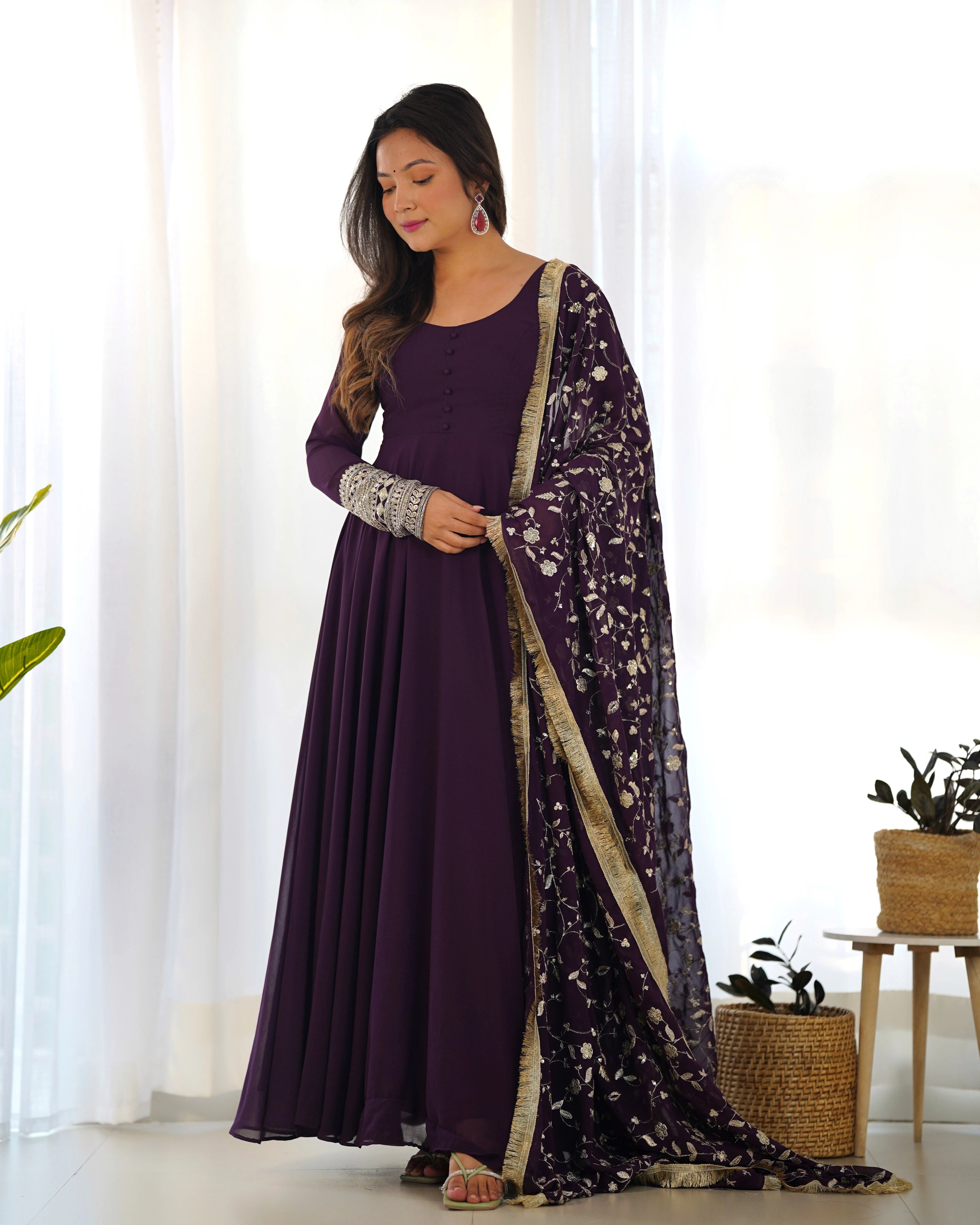 Elegant Wine Anarkali Gown Set with Exquisite Zari Work